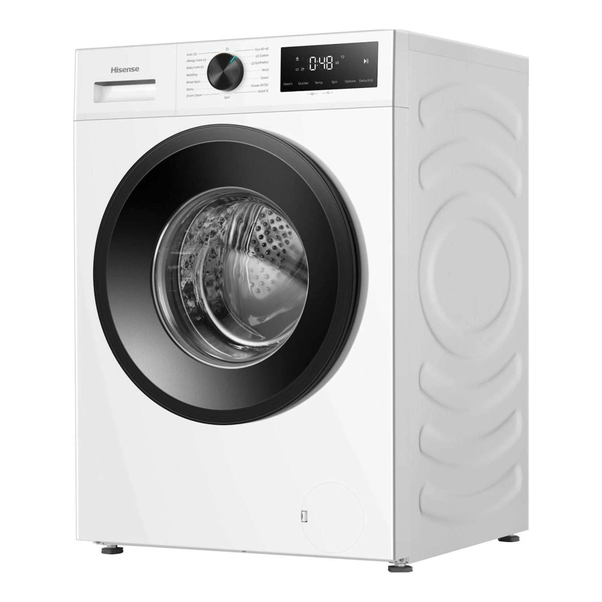 Lavadora Hisense WF1I1142BWL blanca, vista frontal en ángulo, con puerta negra y panel digital superior.