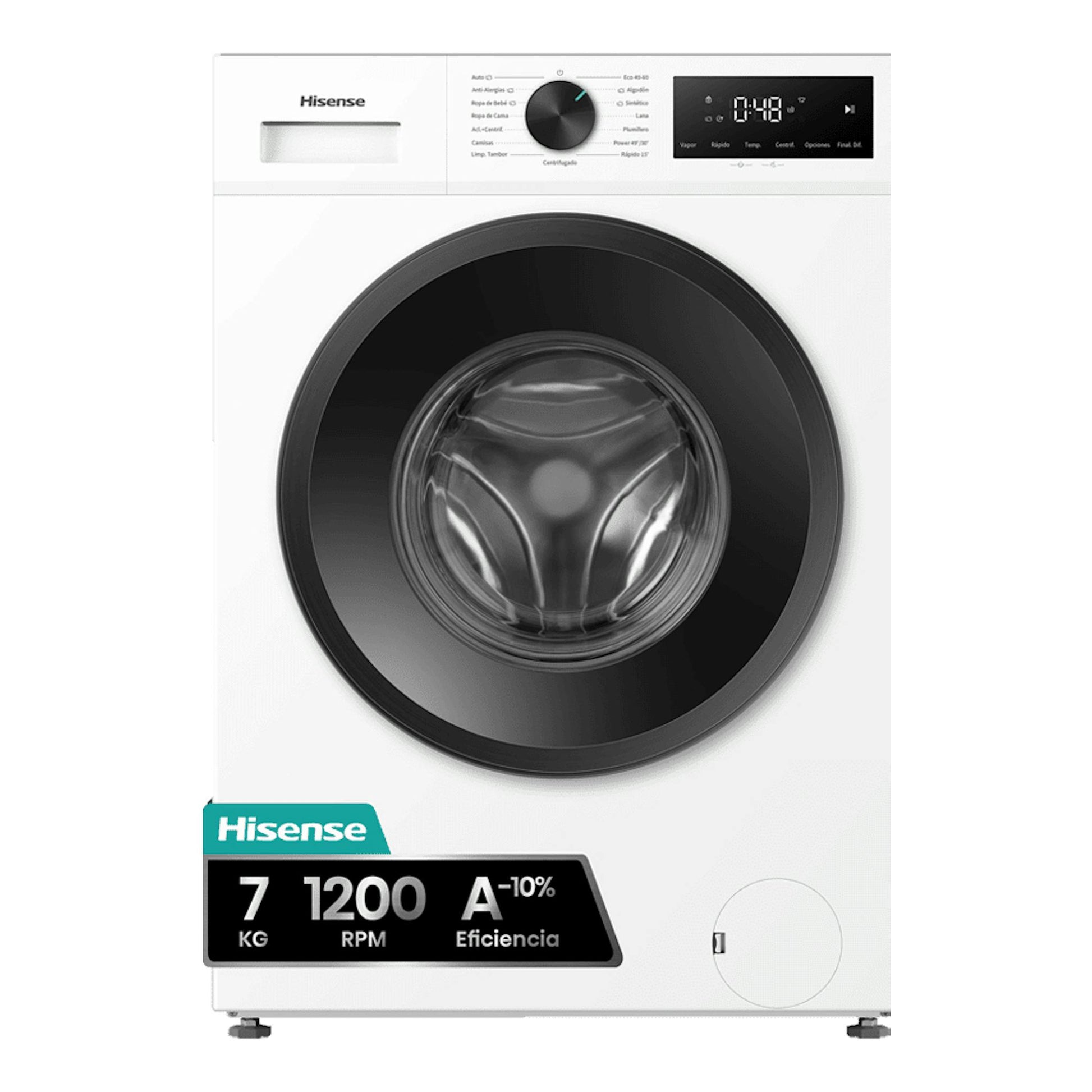 Lavadora frontal Hisense WF1I7022BWJ blanca, puerta negra y panel digital, vista frontal, 7 kg, 1200 rpm.