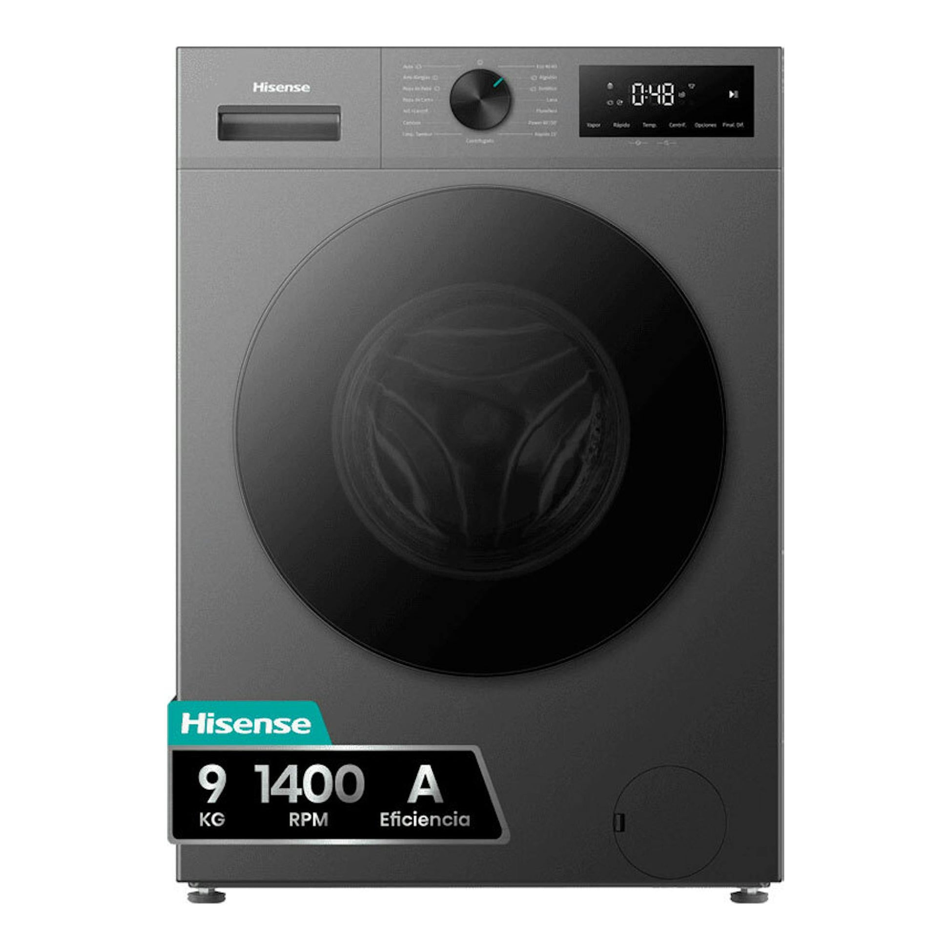 Lavadora Hisense WF1I9042BTP2 9 kg, gris oscuro, vista frontal, carga frontal con pantalla digital y puerta negra.