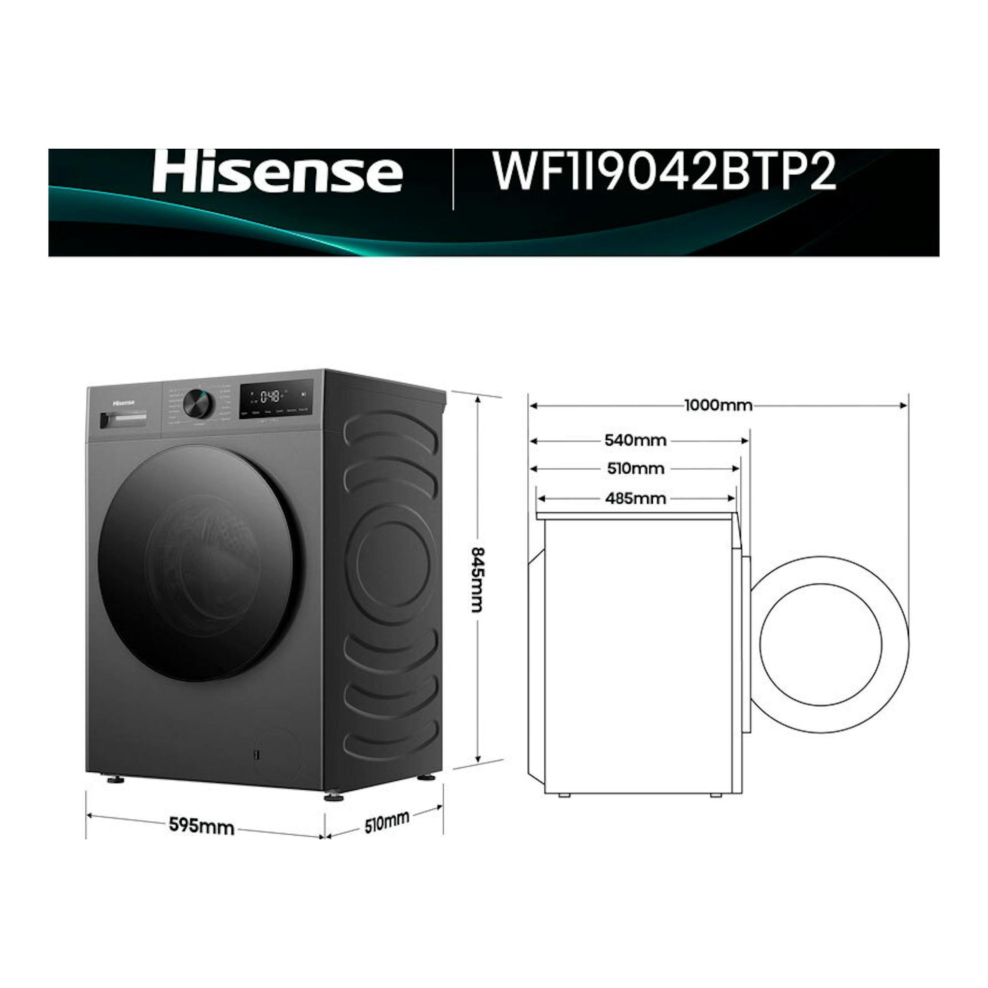 Lavadora Hisense WF1I9042BTP2 negra, vista frontal y lateral con medidas.