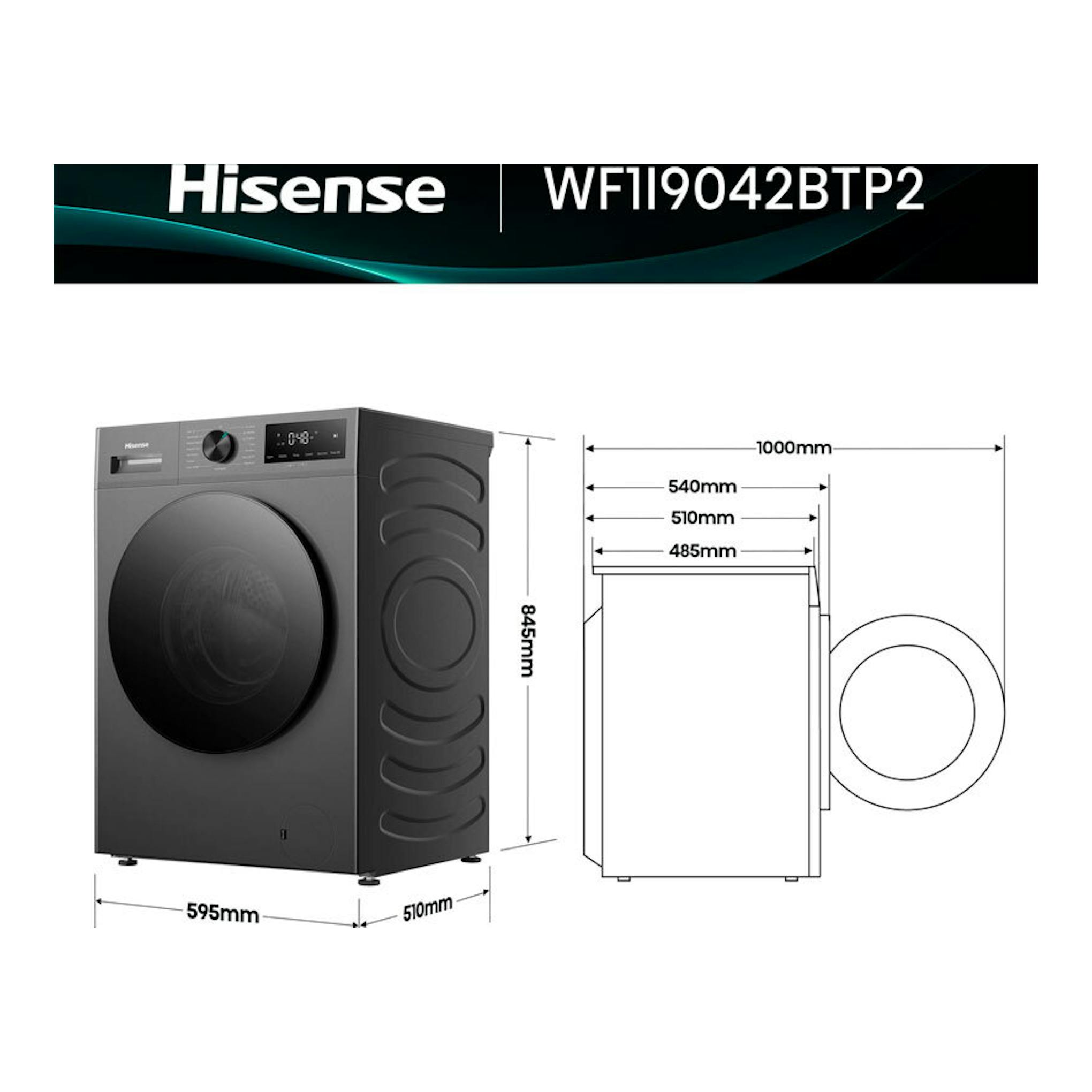 Lavadora Hisense WF1I9042BTP2 negra, vista frontal y lateral con medidas.