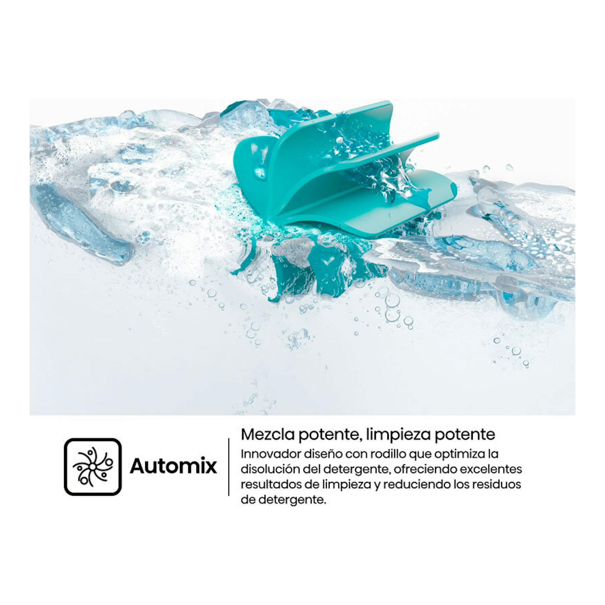 Hisense WF1I9042BTP2: ilustración de Automix con detergente azul mezclándose en agua, sobre fondo blanco.