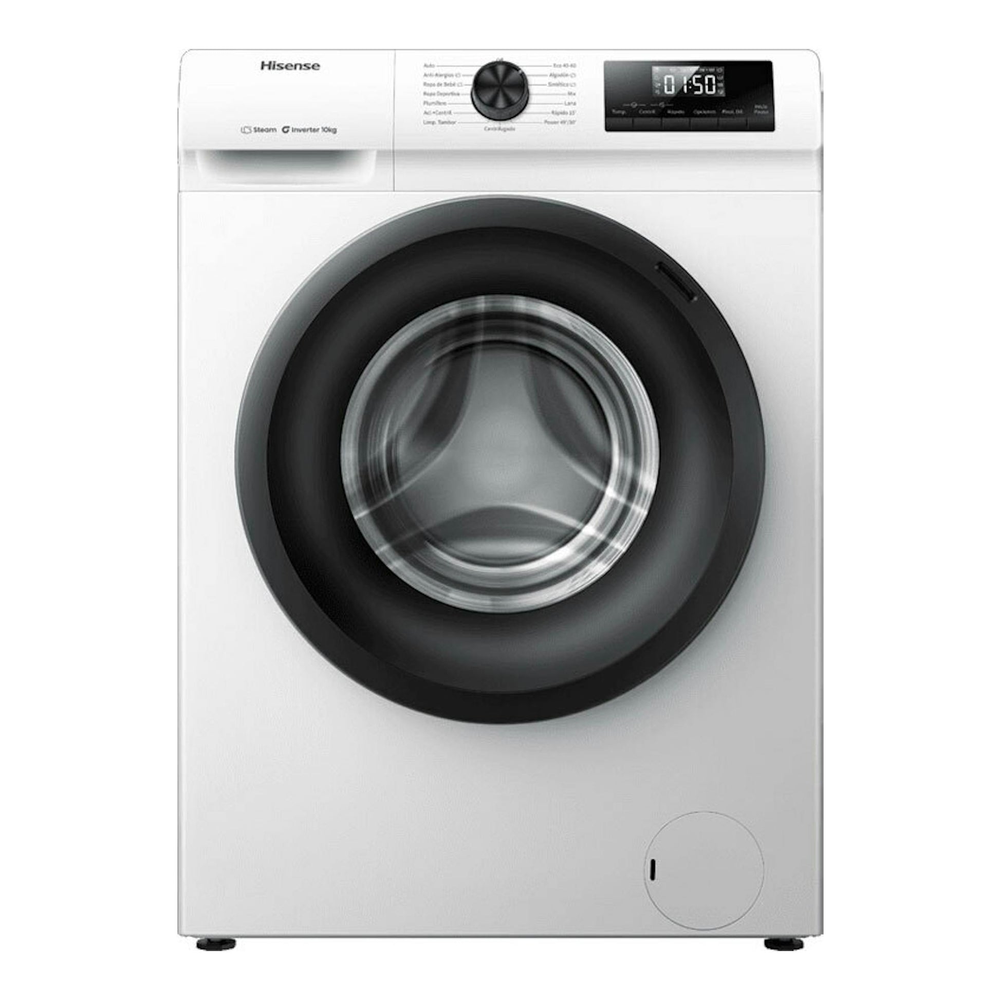 Lavadora frontal Hisense WF1Q1041BW blanca, vista frontal, con puerta negra y panel digital superior.