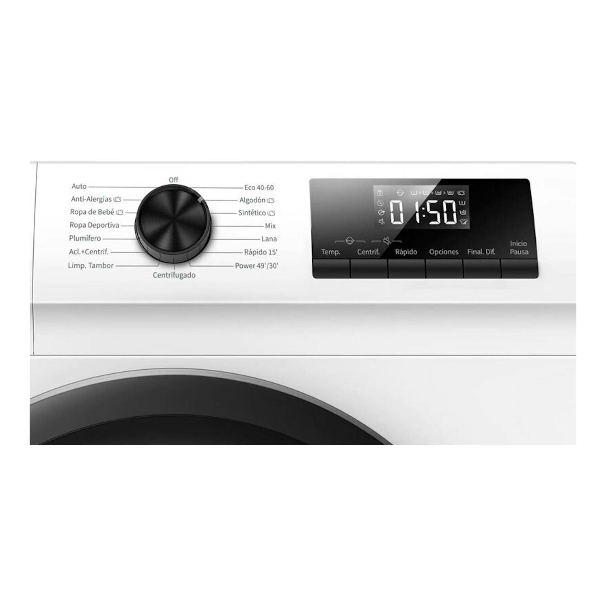 Lavadora Hisense WF1Q1041BW blanca, vista frontal parcial con mando negro y pantalla digital.