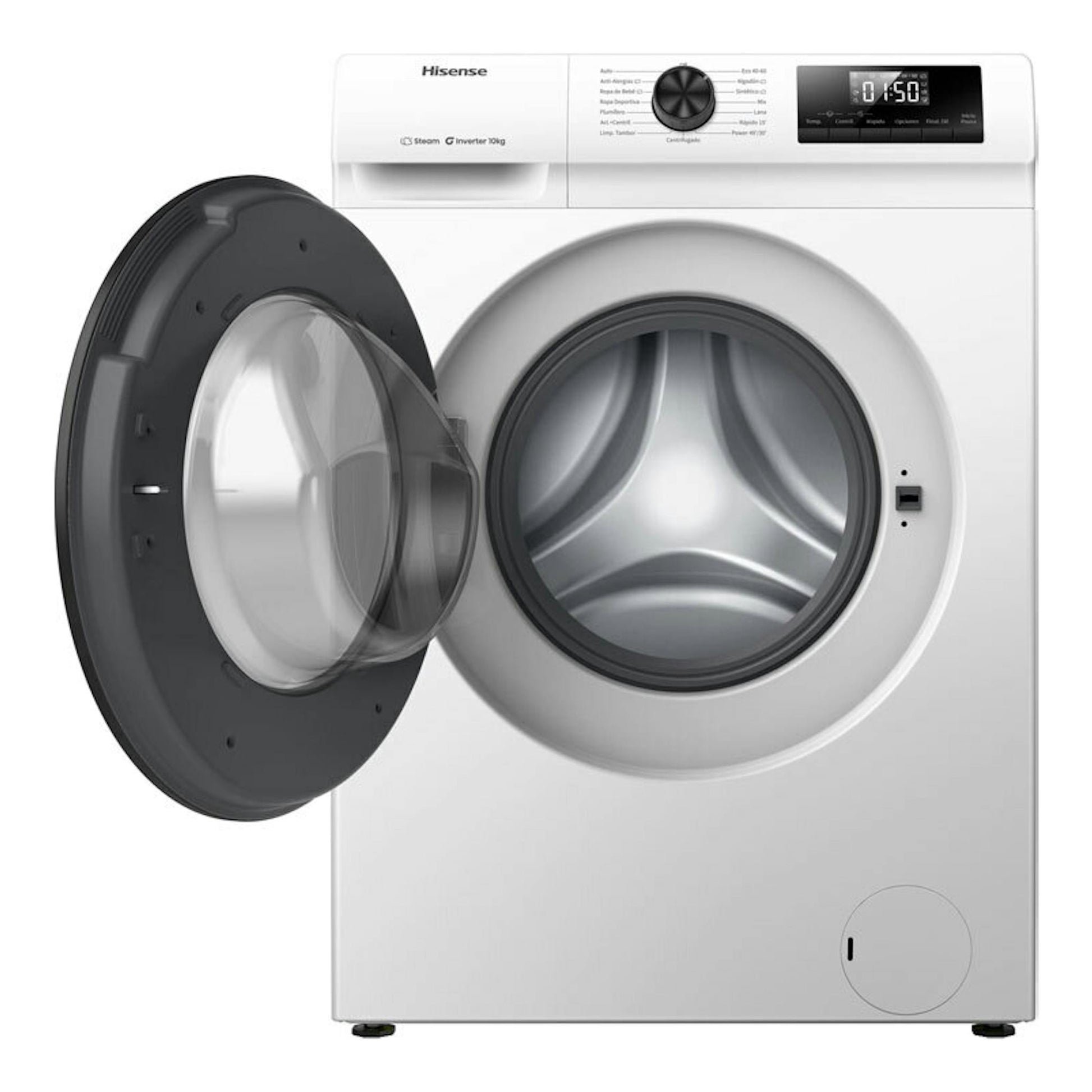 Lavadora frontal Hisense WF1Q1041BW blanca, con puerta abierta y panel digital en la parte superior.