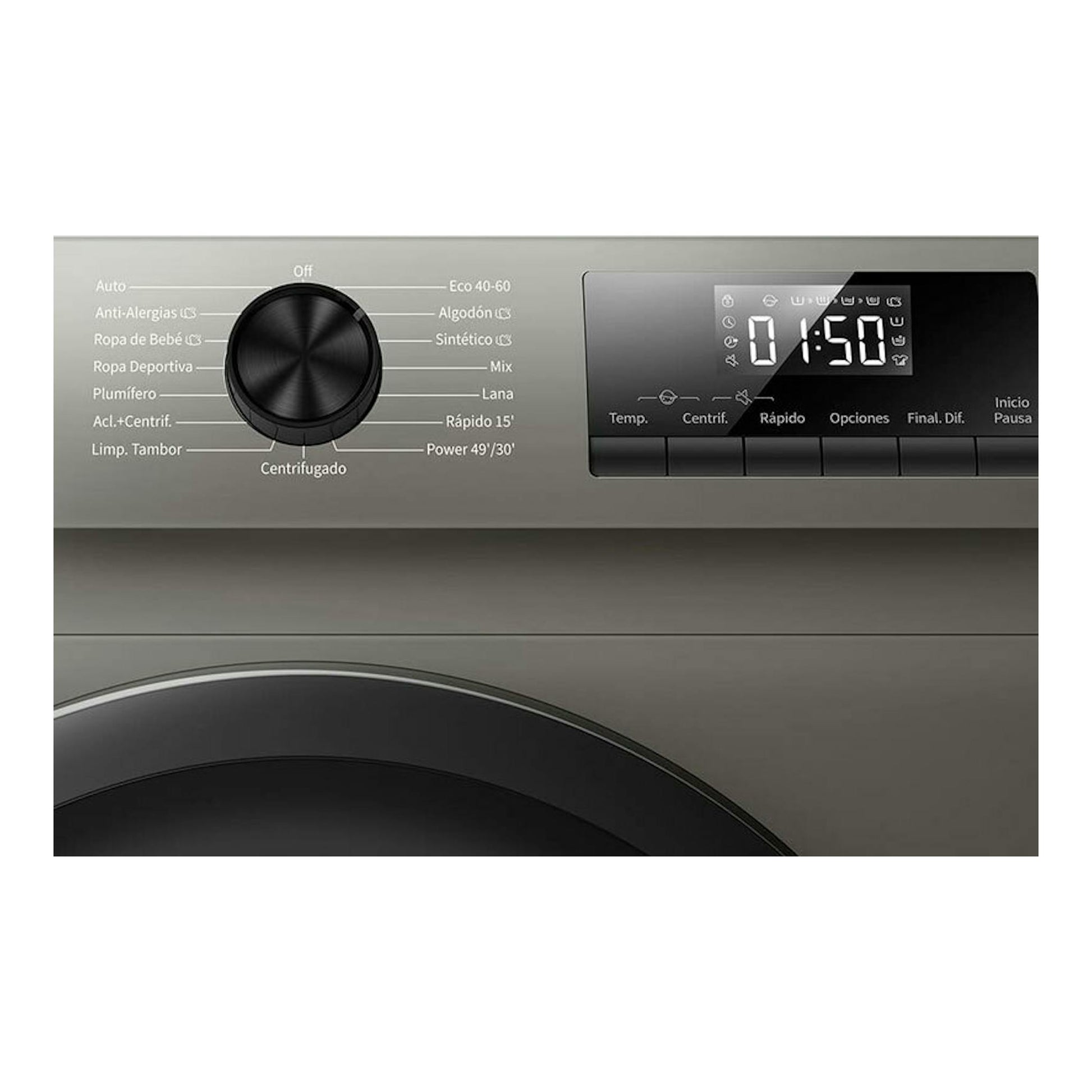Panel frontal de lavadora Hisense WF1Q8041BT gris con selector, pantalla digital y parte de la puerta.