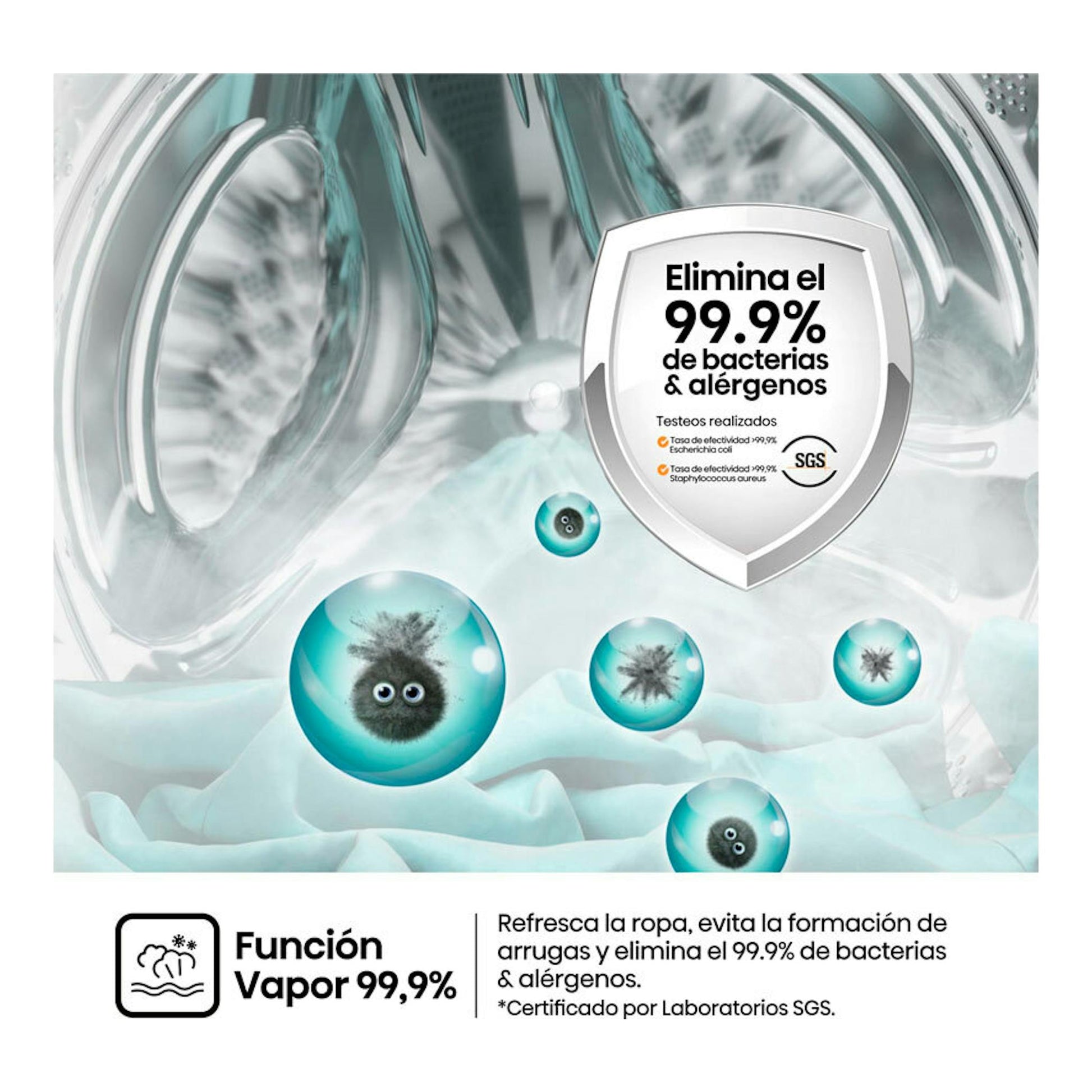 Lavadora Hisense WF1Q8041BT, vista del tambor con gráfico de función vapor y eliminación de bacterias y alérgenos.