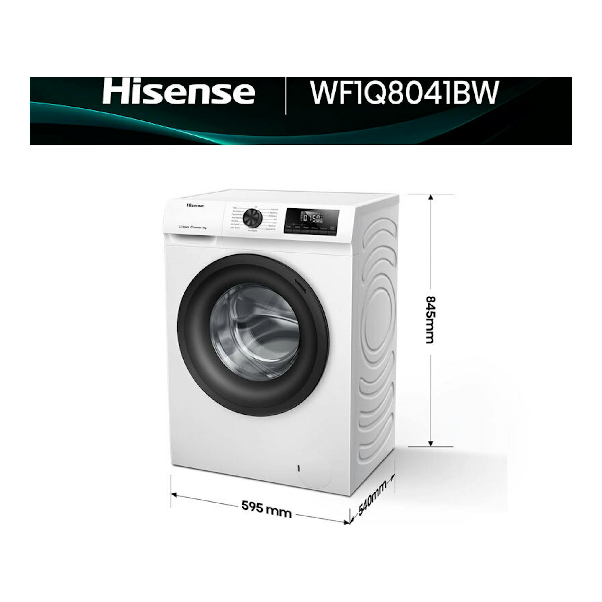Lavadora frontal Hisense WF1Q8041BW blanca, vista 3/4 frontal, 8 kg, con medidas 845 x 595 x 540 mm.