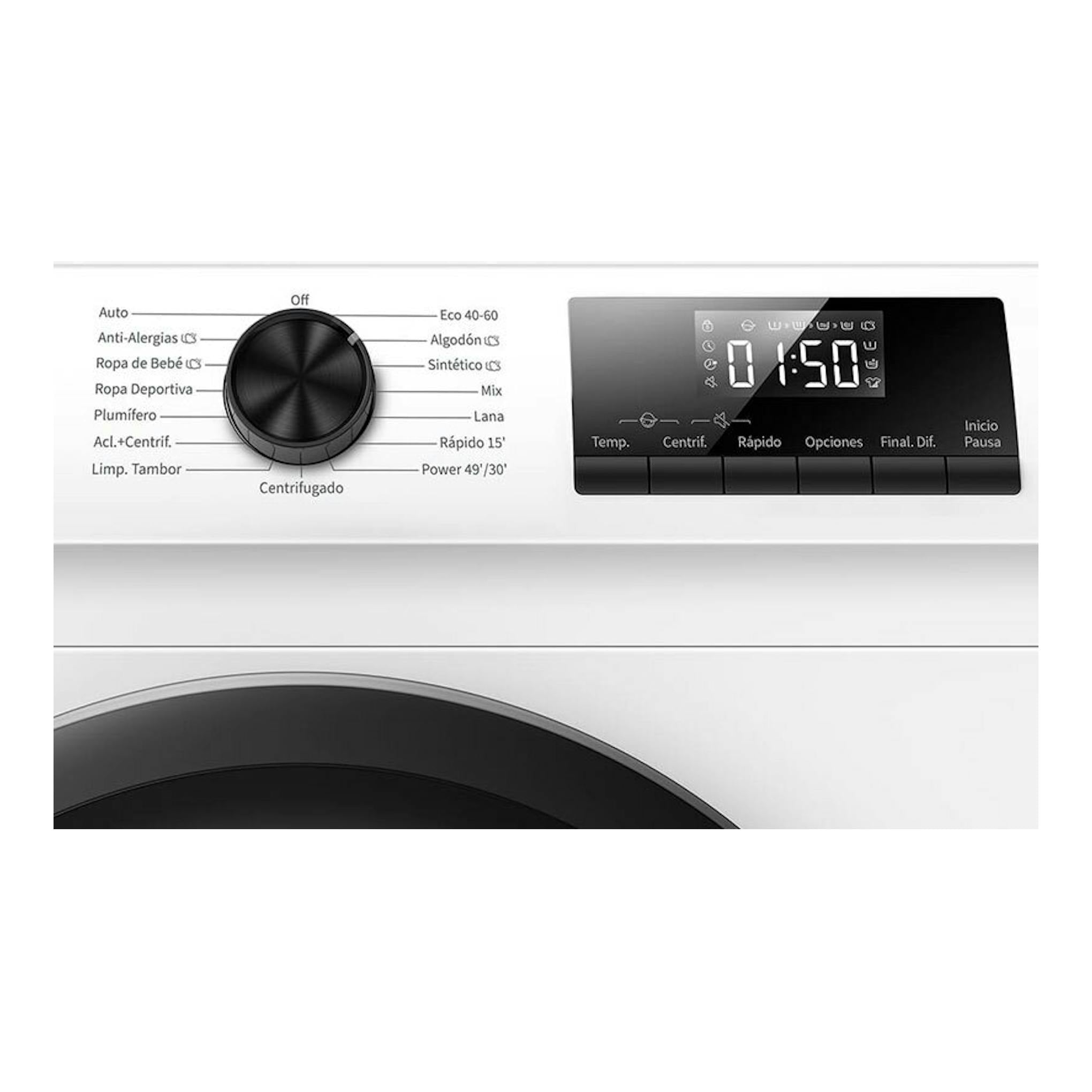 Lavadora Hisense WF1Q8041BW blanca, vista frontal parcial con selector y panel digital.