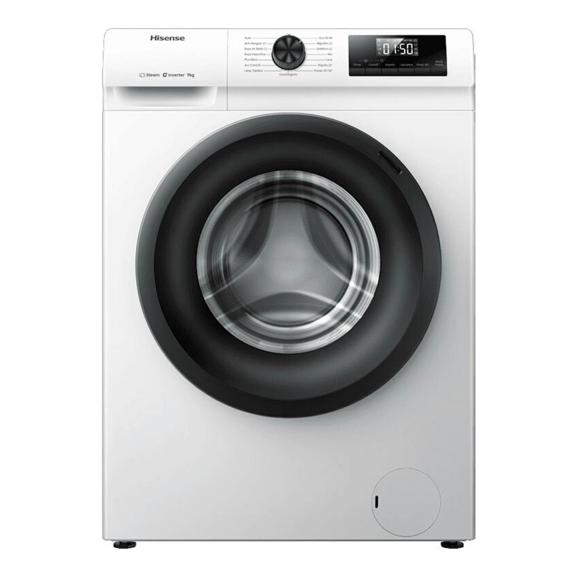 Lavadora de carga frontal Hisense WF1Q9041BW blanca de 9 kg, vista frontal.
