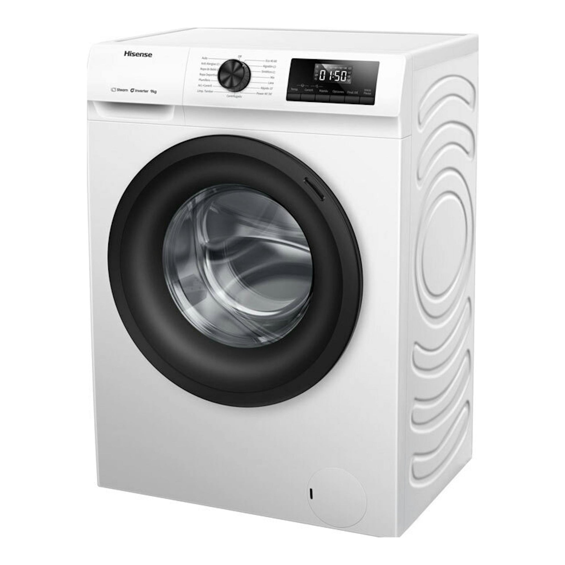 Lavadora frontal Hisense WF1Q9041BW de 9 kg, blanca, vista frontal en ángulo, con puerta negra y panel digital.