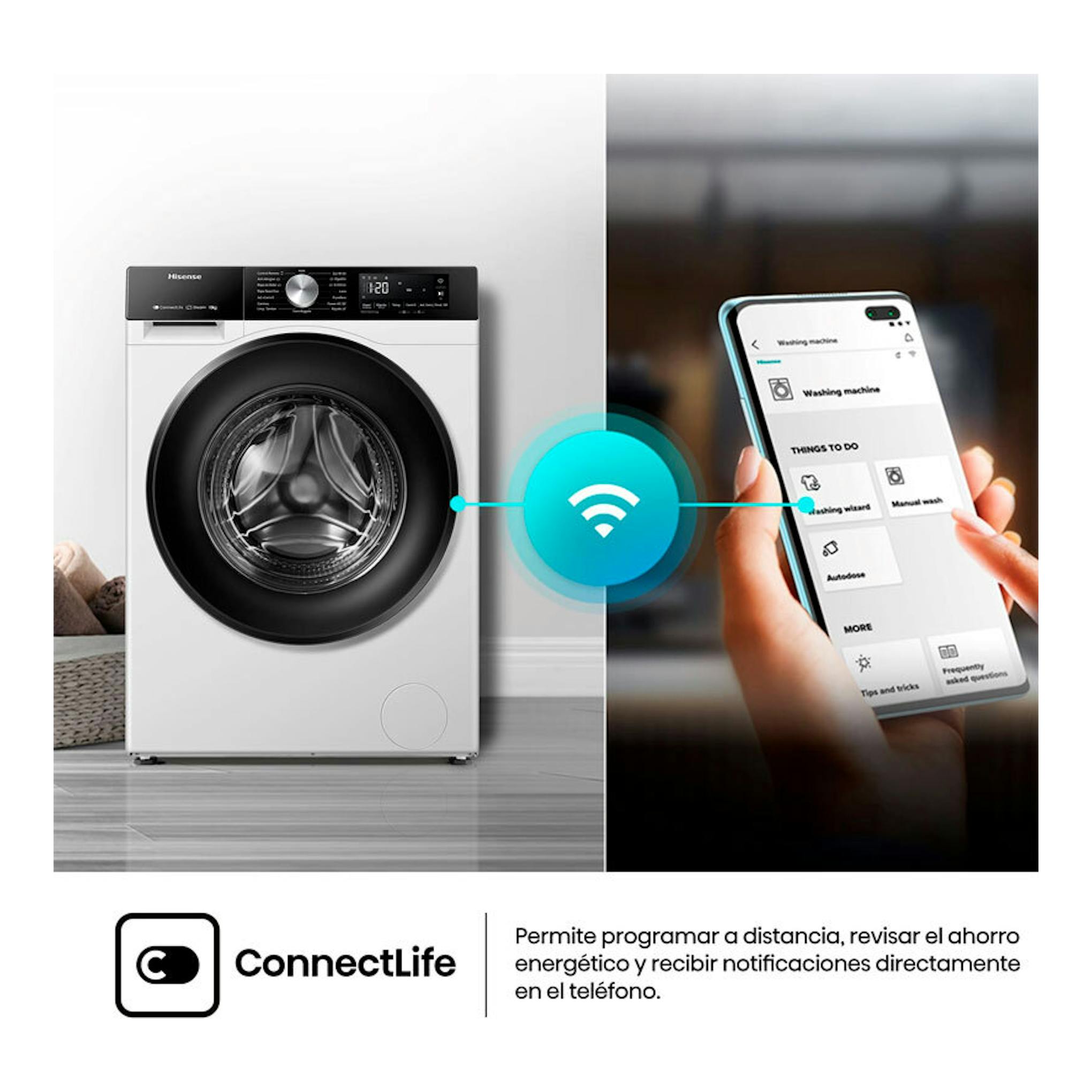 Lavadora Hisense WF3S1043BW1 blanca, de carga frontal; móvil con app ConnectLife.