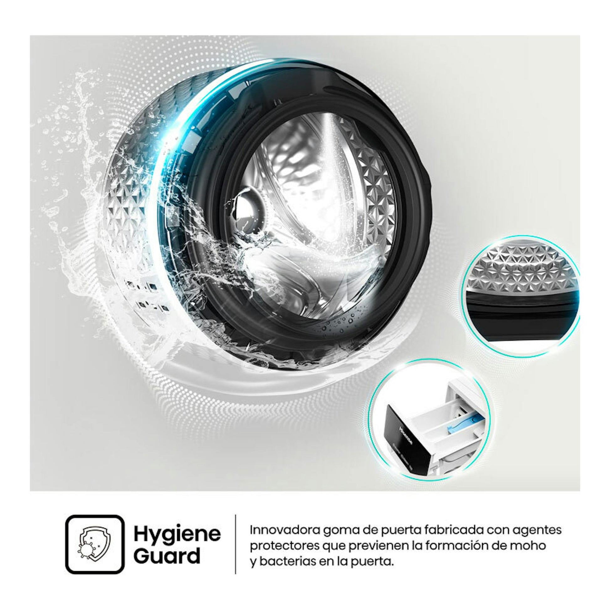 Hisense WF3S1043BW1: primer plano del tambor y puerta de lavadora frontal con texto Hygiene Guard.