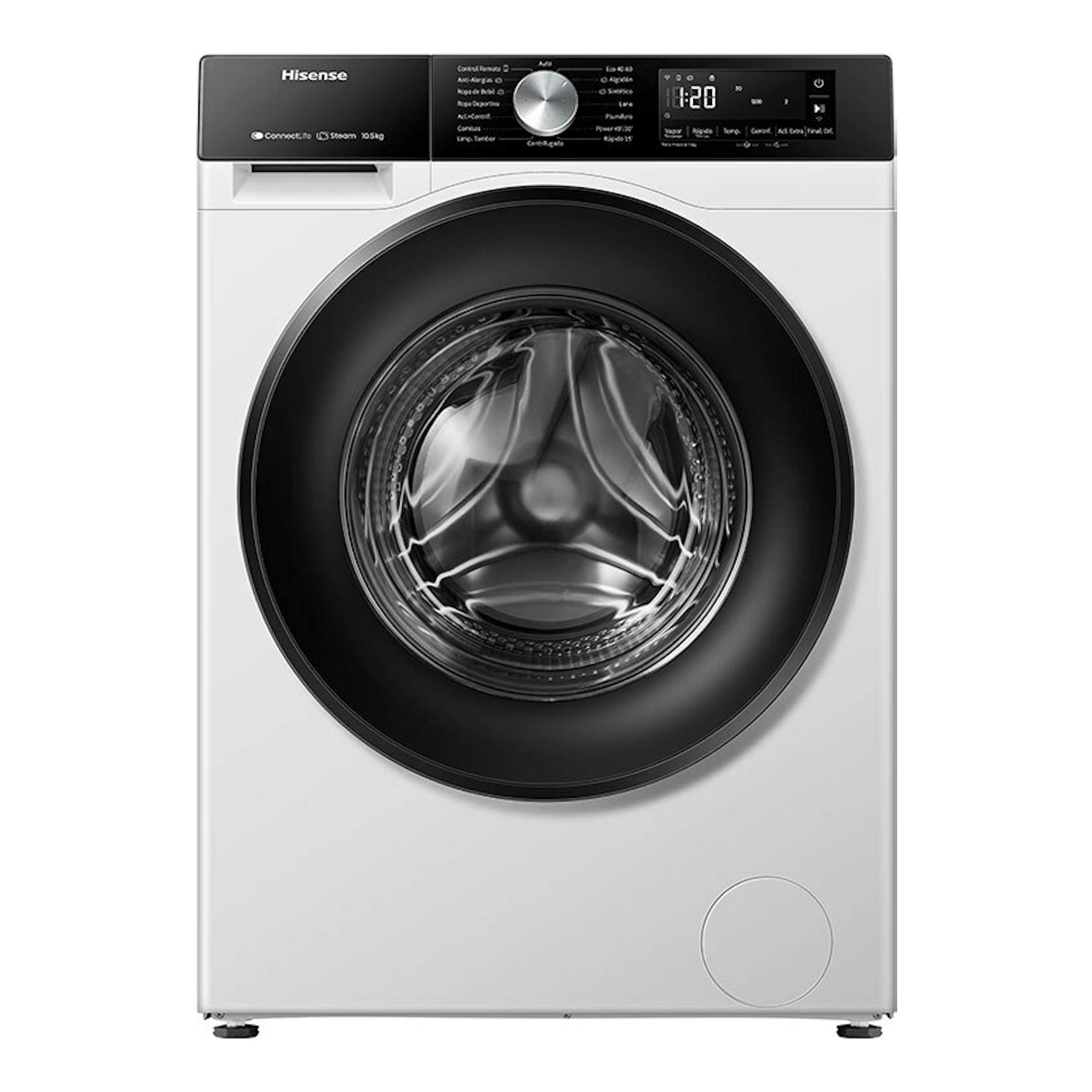 Lavadora Hisense WF3S1043BW3 blanca, vista frontal, con puerta negra circular y panel superior digital.