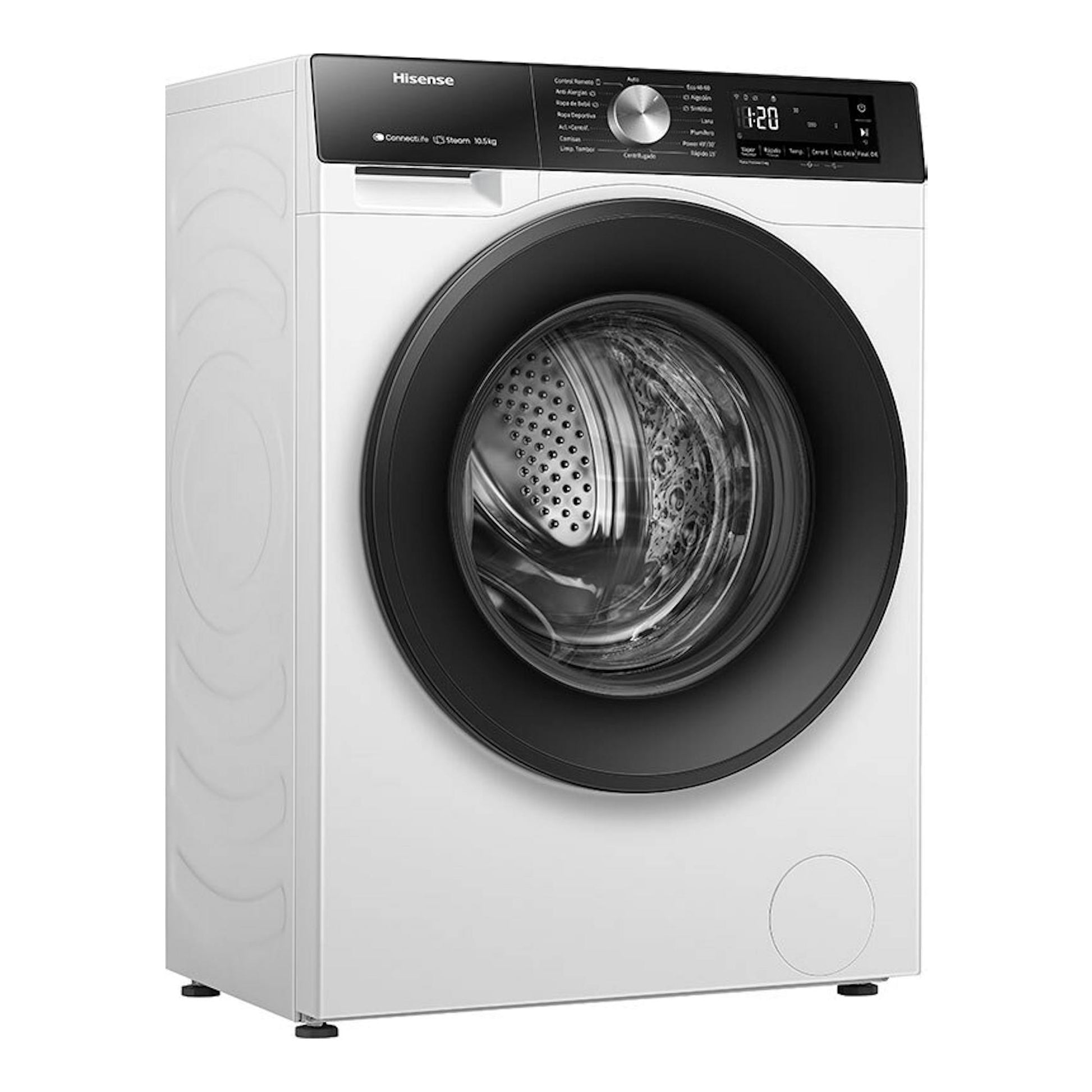 Lavadora frontal Hisense WF3S1043BW3 blanca, con puerta negra, vista frontal izquierda.