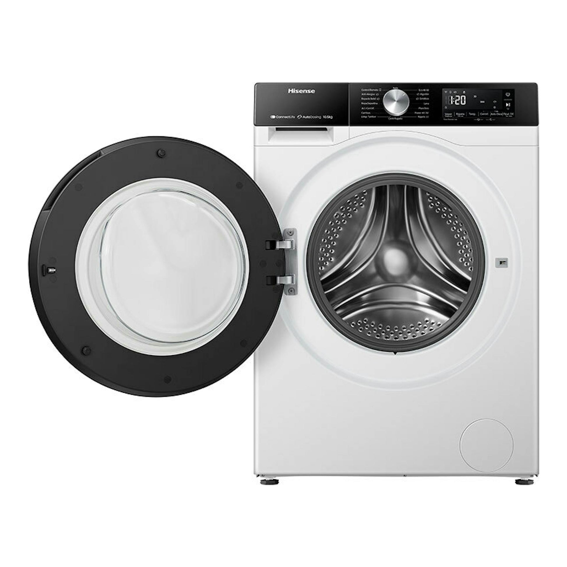 Lavadora frontal Hisense WF3S1045BW3 blanca, con puerta negra abierta y tambor visible, vista frontal.