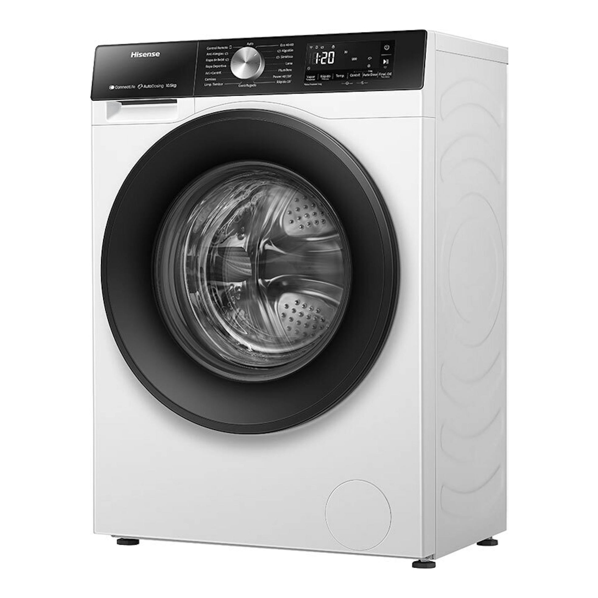 Lavadora frontal Hisense WF3S1045BW3 de 10 kg, blanca, con puerta negra y panel digital, vista frontal.