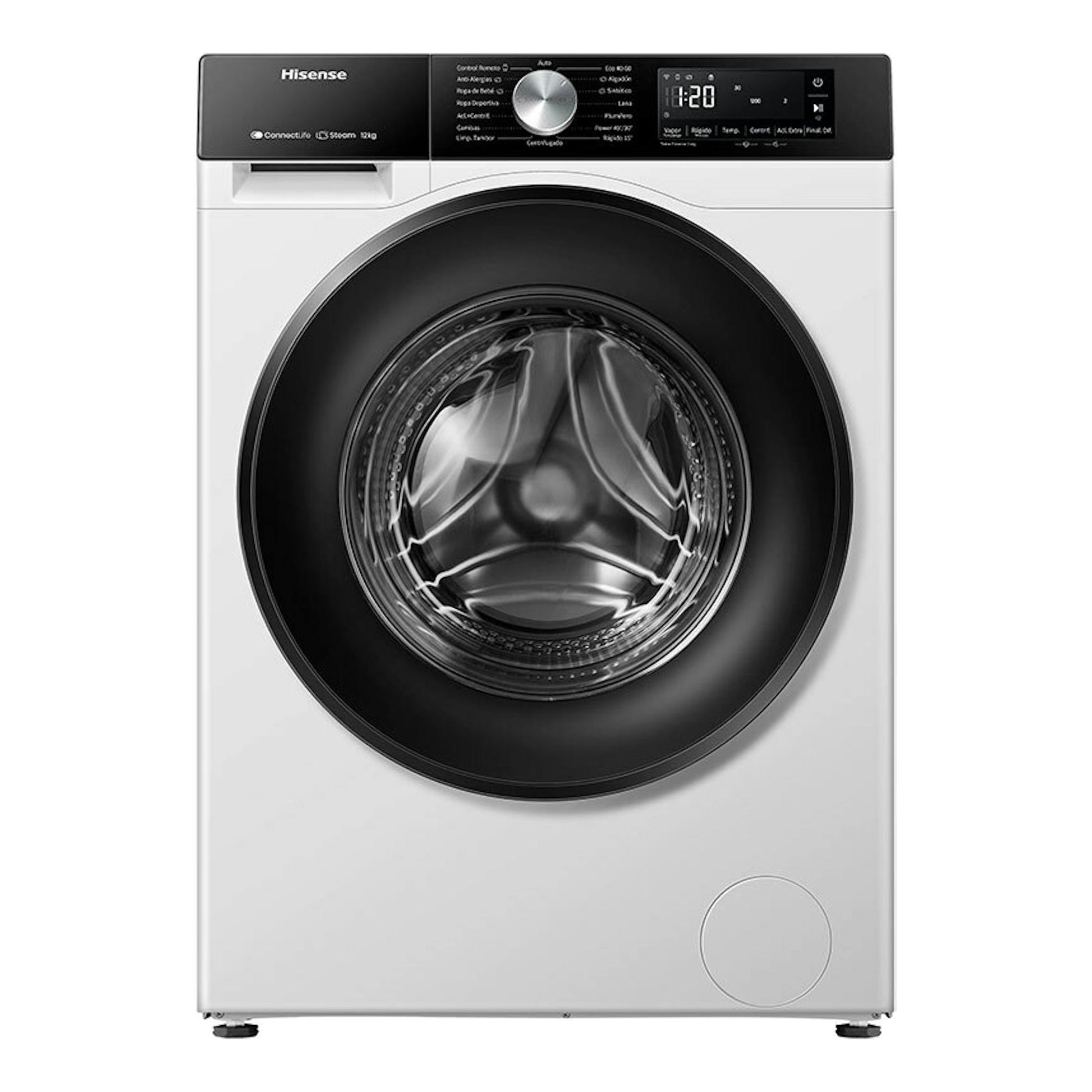 Lavadora frontal Hisense WF3S1243BW3 blanca, vista frontal, con puerta negra y panel digital superior.