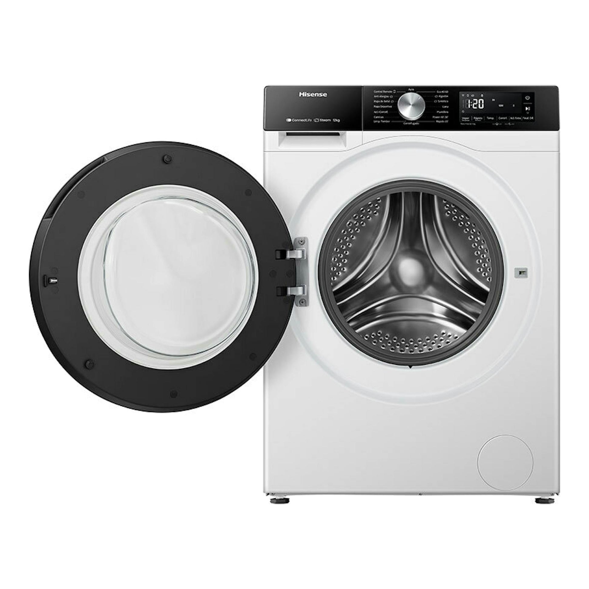 Lavadora frontal Hisense WF3S1243BW3 blanca, vista frontal con puerta abierta y tambor visible.