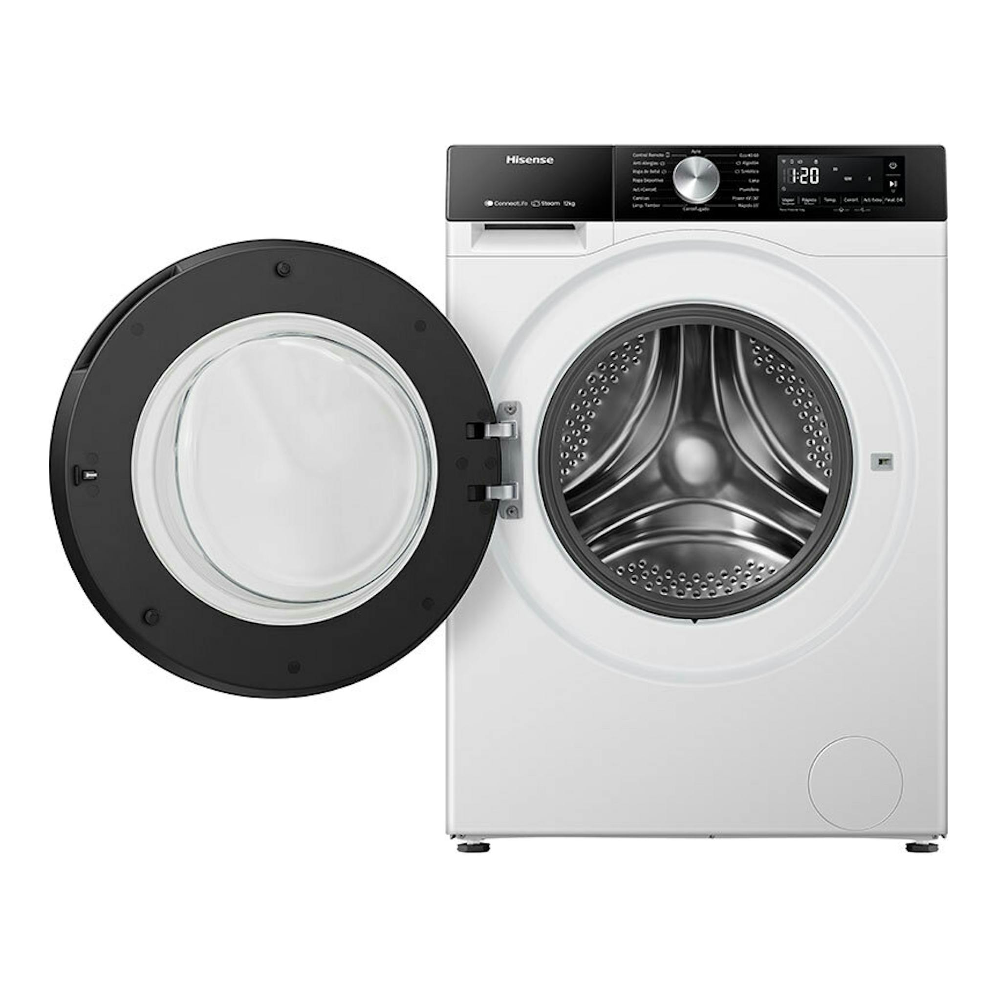 Lavadora frontal Hisense WF3S1243BW3 blanca, vista frontal con puerta abierta y tambor visible.