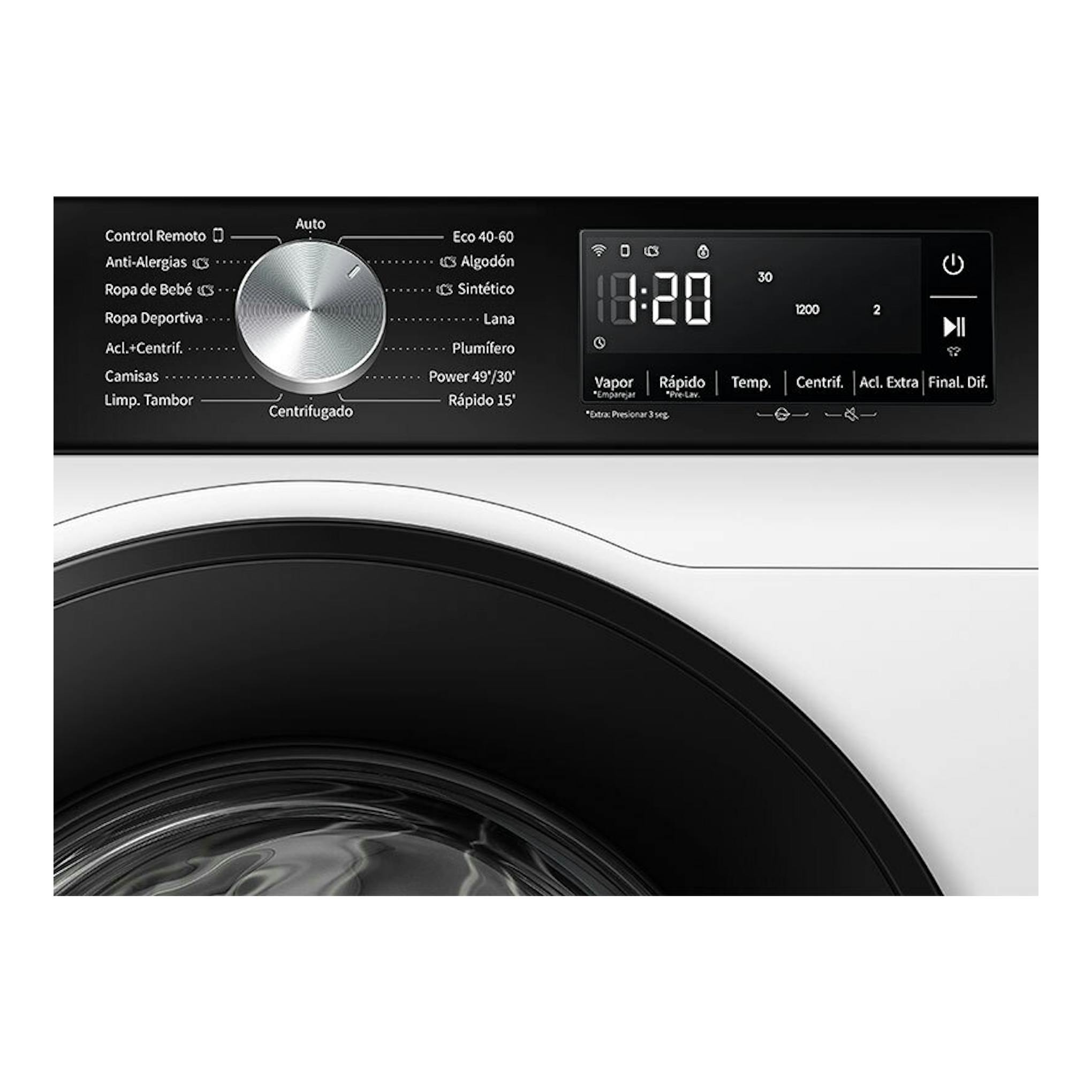 Lavadora Hisense WF3S1243BW3, vista frontal, panel negro con selector y puerta circular sobre cuerpo blanco.