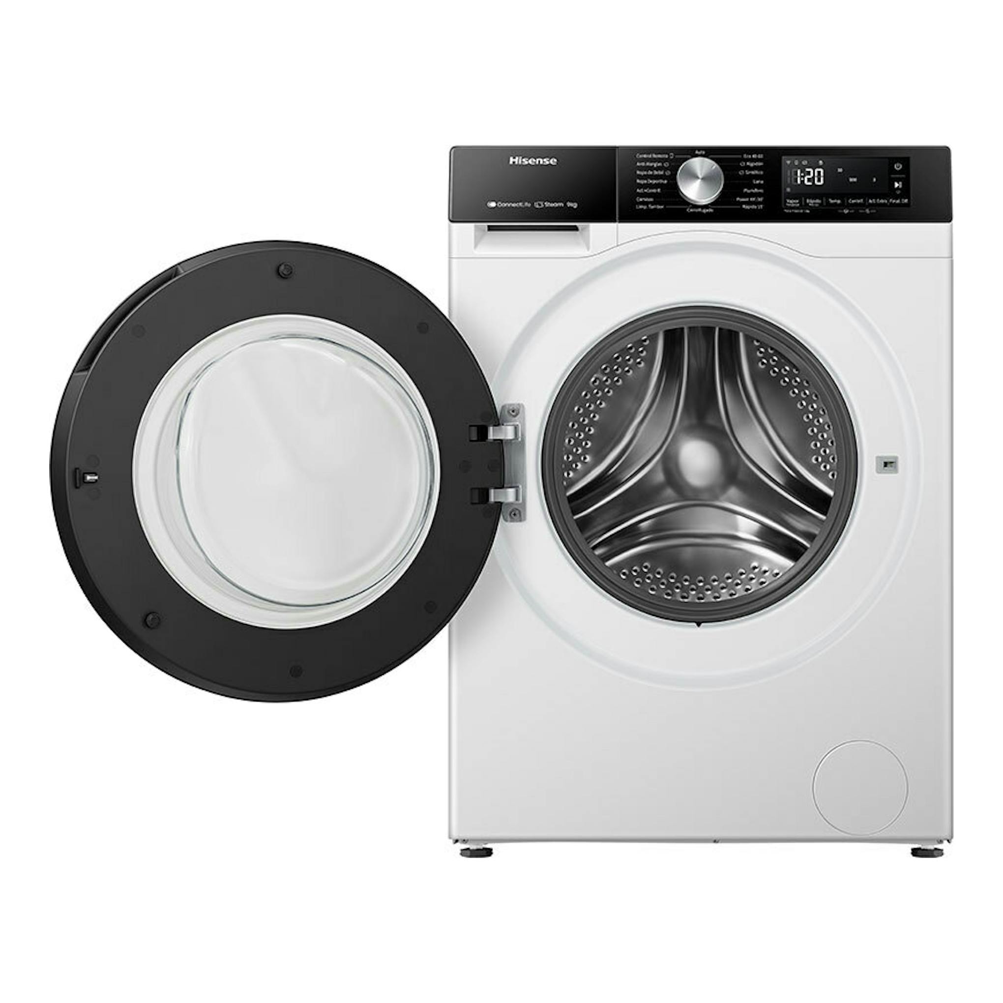 Lavadora frontal Hisense WF3S9043BW3 blanca, vista frontal, con la puerta abierta y panel negro.