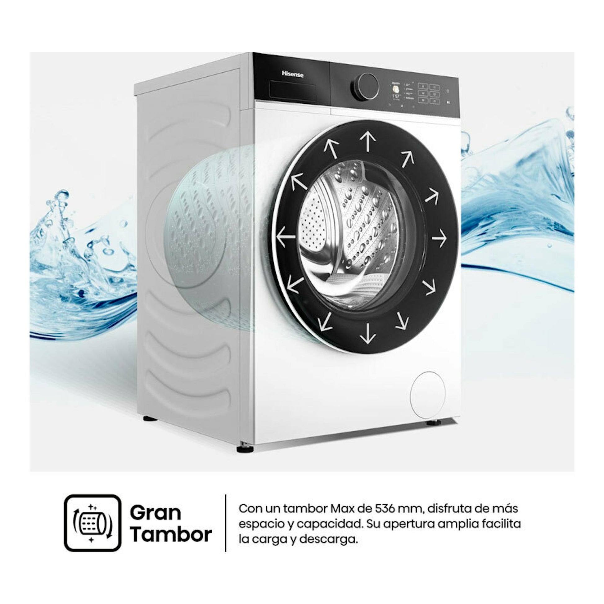 Lavadora Hisense WF5i1045BWQ 10 kg, blanca y negra, vista frontal en ángulo, con puerta circular.