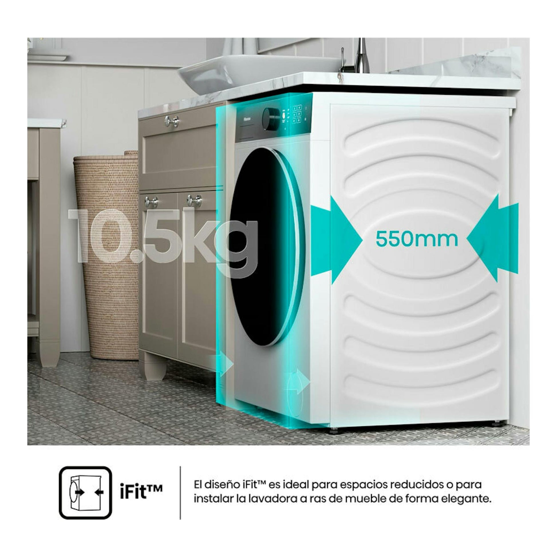 Lavadora Hisense WF5i1045BWQ blanca de carga frontal, vista lateral en cocina, con 10,5 kg y 550 mm.