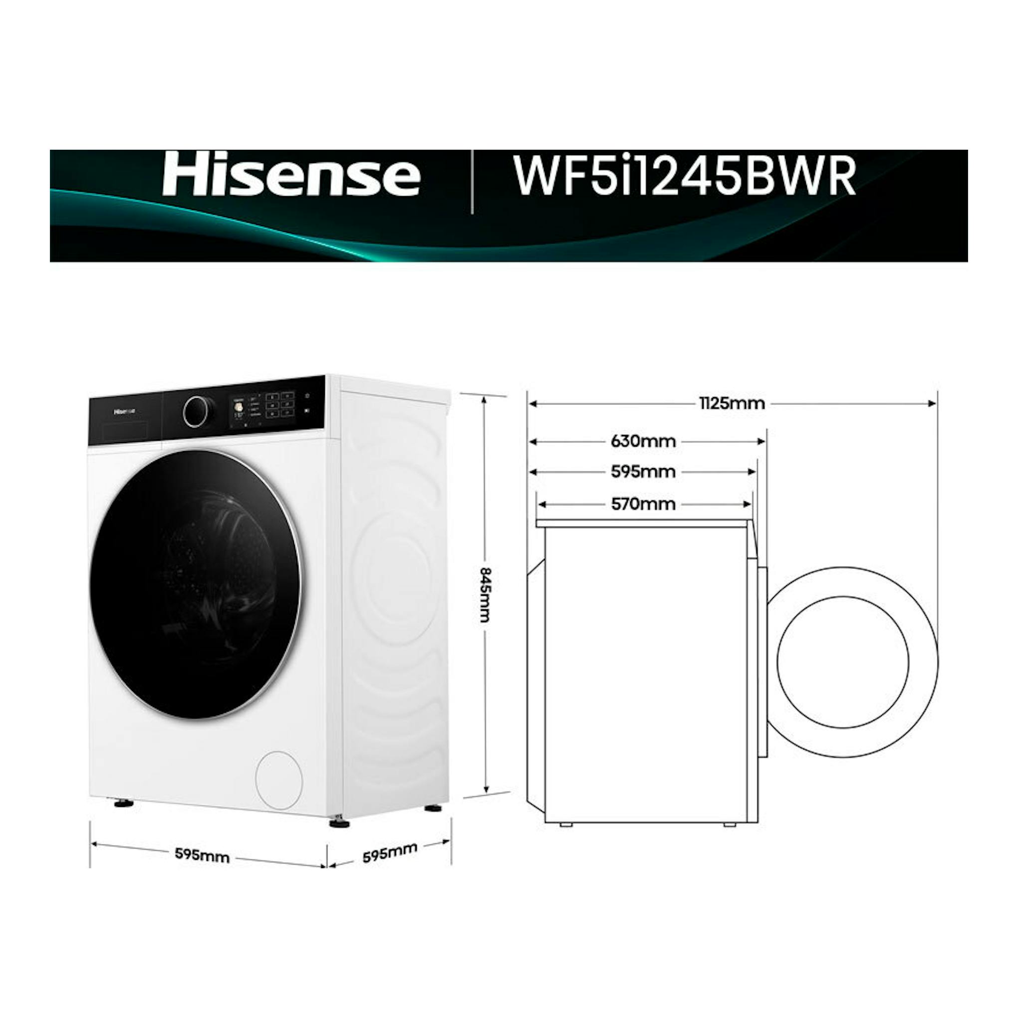 Lavadora frontal Hisense WF5i1245BWR blanca y negra, vista frontal y lateral, con esquema de medidas.