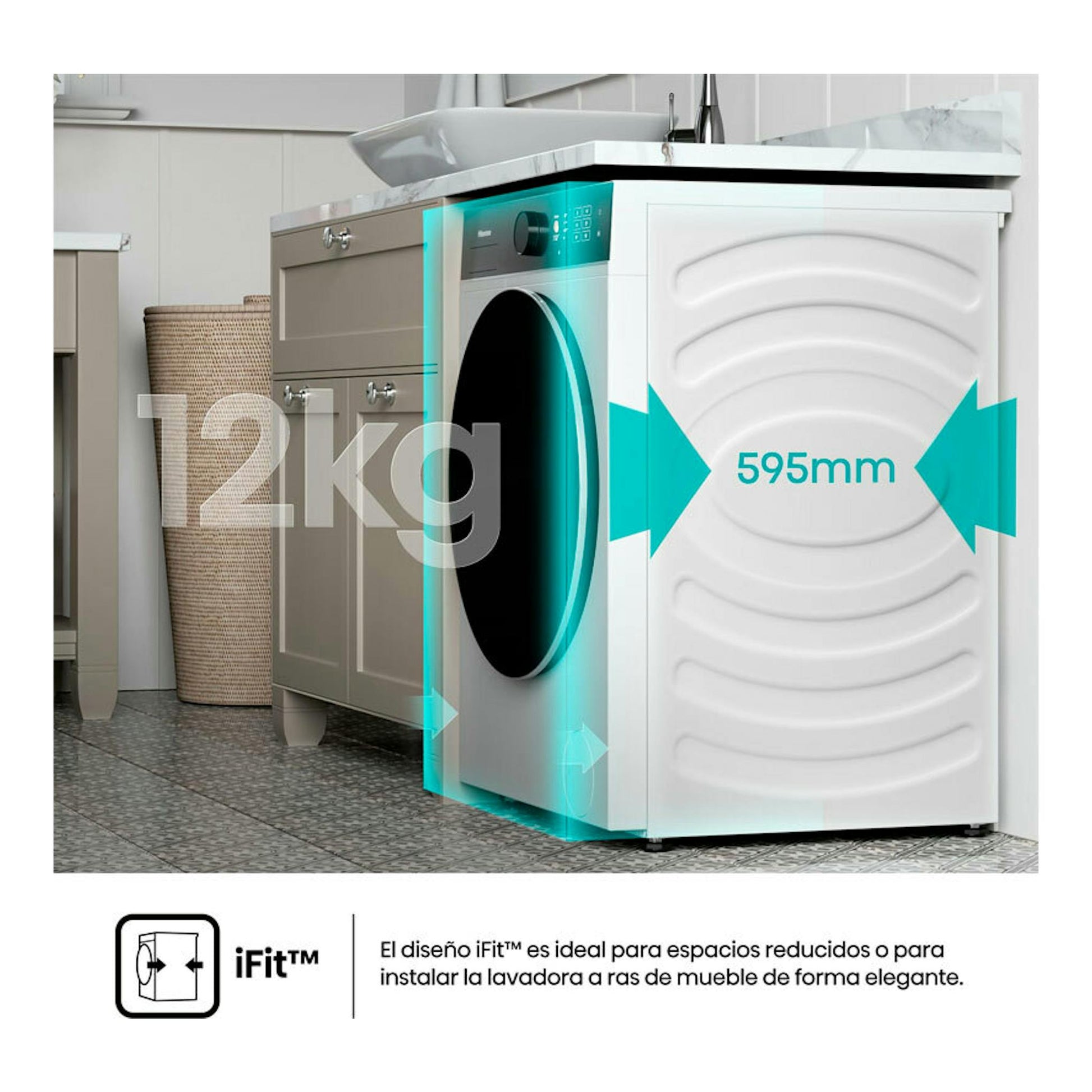 Lavadora Hisense WF5i1245BWR blanca, vista frontal en cocina, con indicaciones 12 kg y 595 mm.
