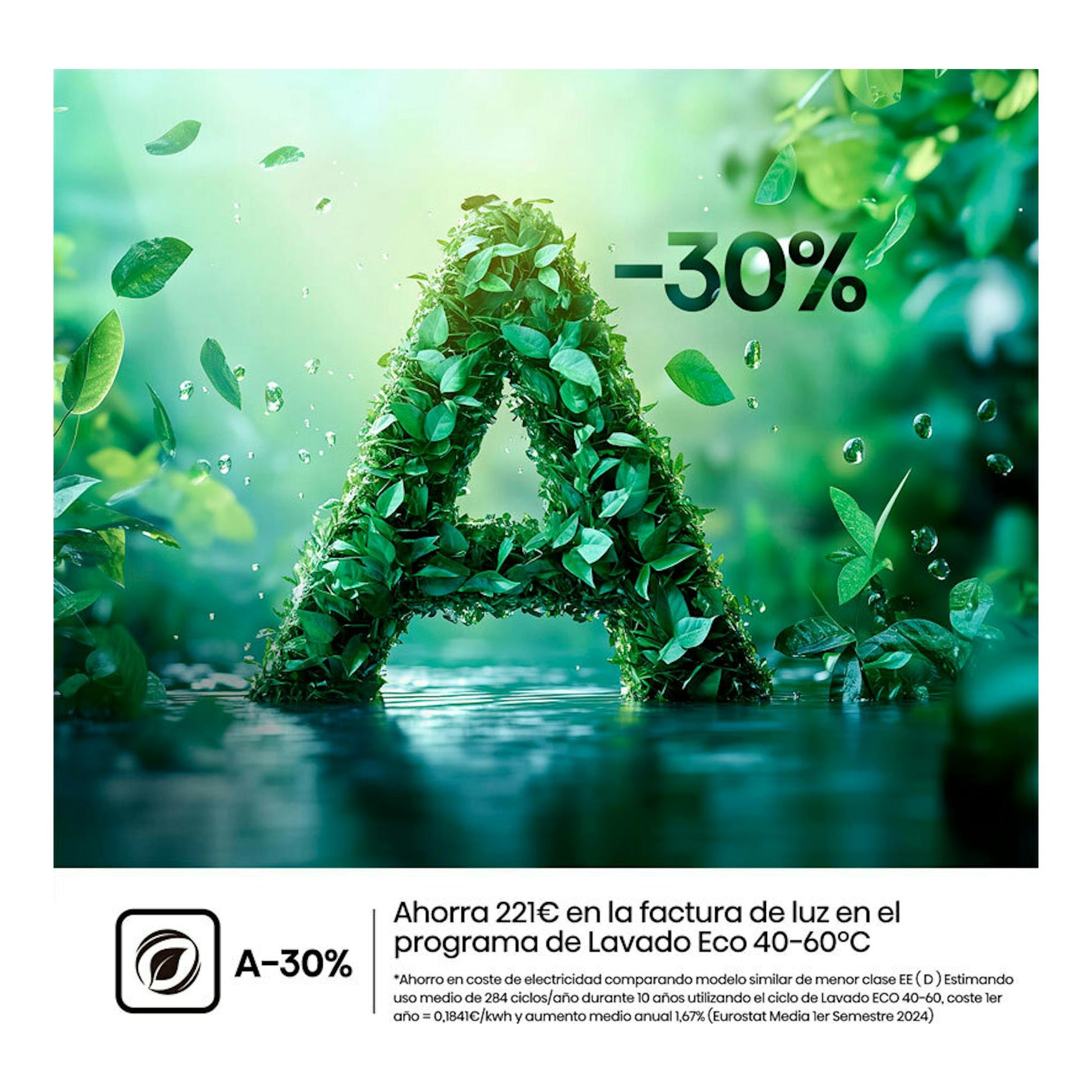 Banner promocional de lavadora Hisense WF5i8043BWF, con letra A de hojas y texto “A-30%”.