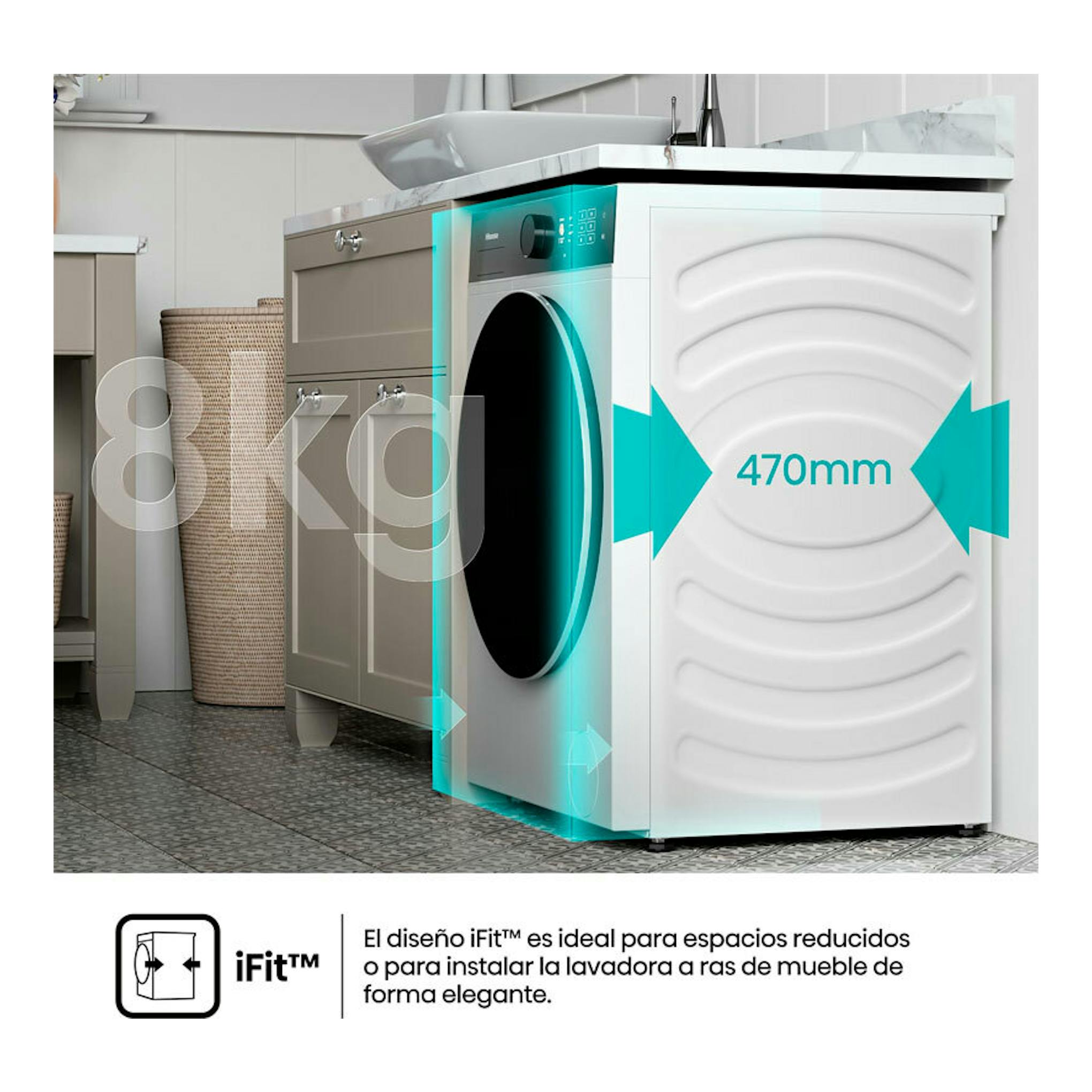 Lavadora Hisense WF5i8043BWF blanca, vista en ángulo lateral, integrada bajo encimera en un baño/lavadero.