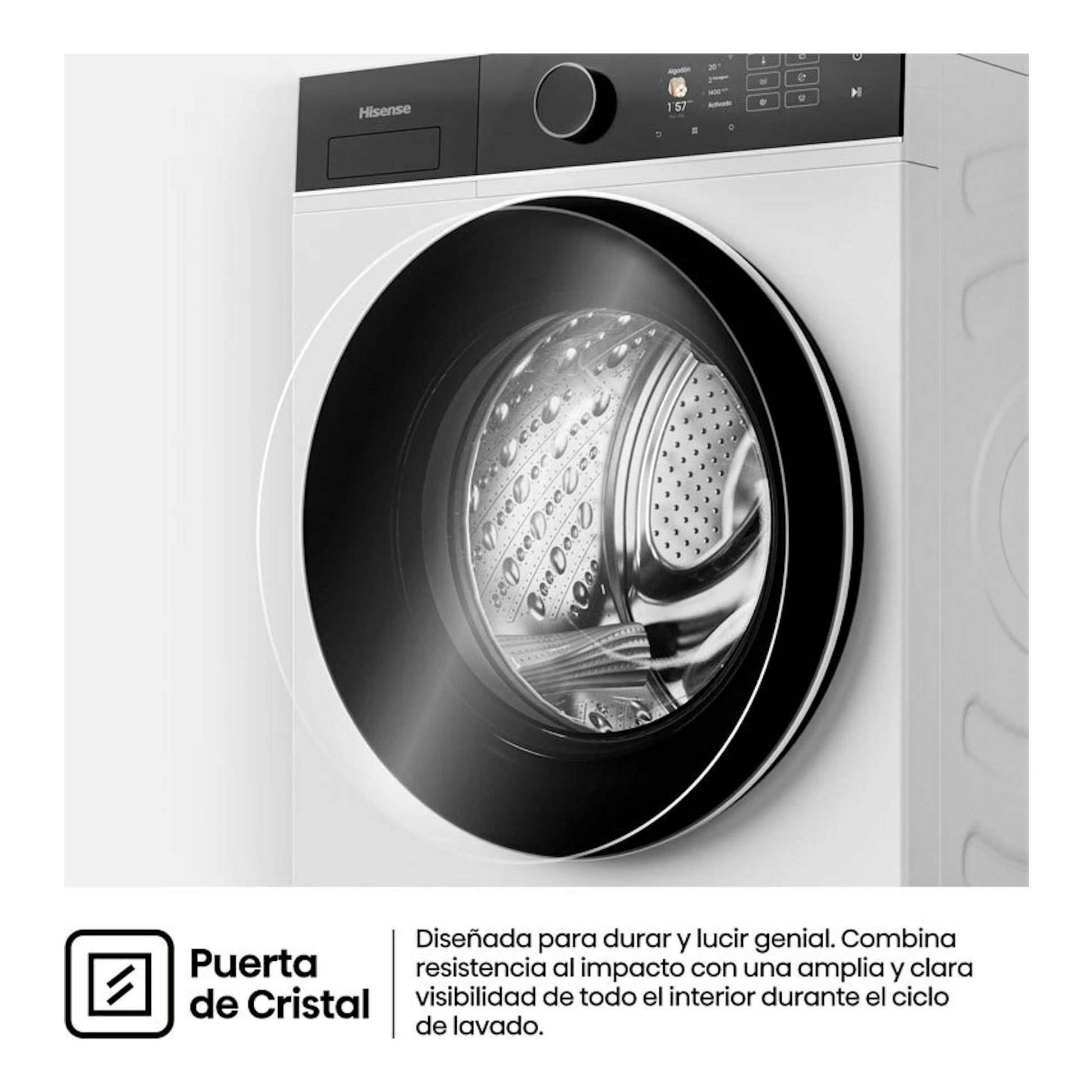 Lavadora Hisense WF5i8043BWF blanca, vista frontal con puerta de cristal negra y panel superior negro.