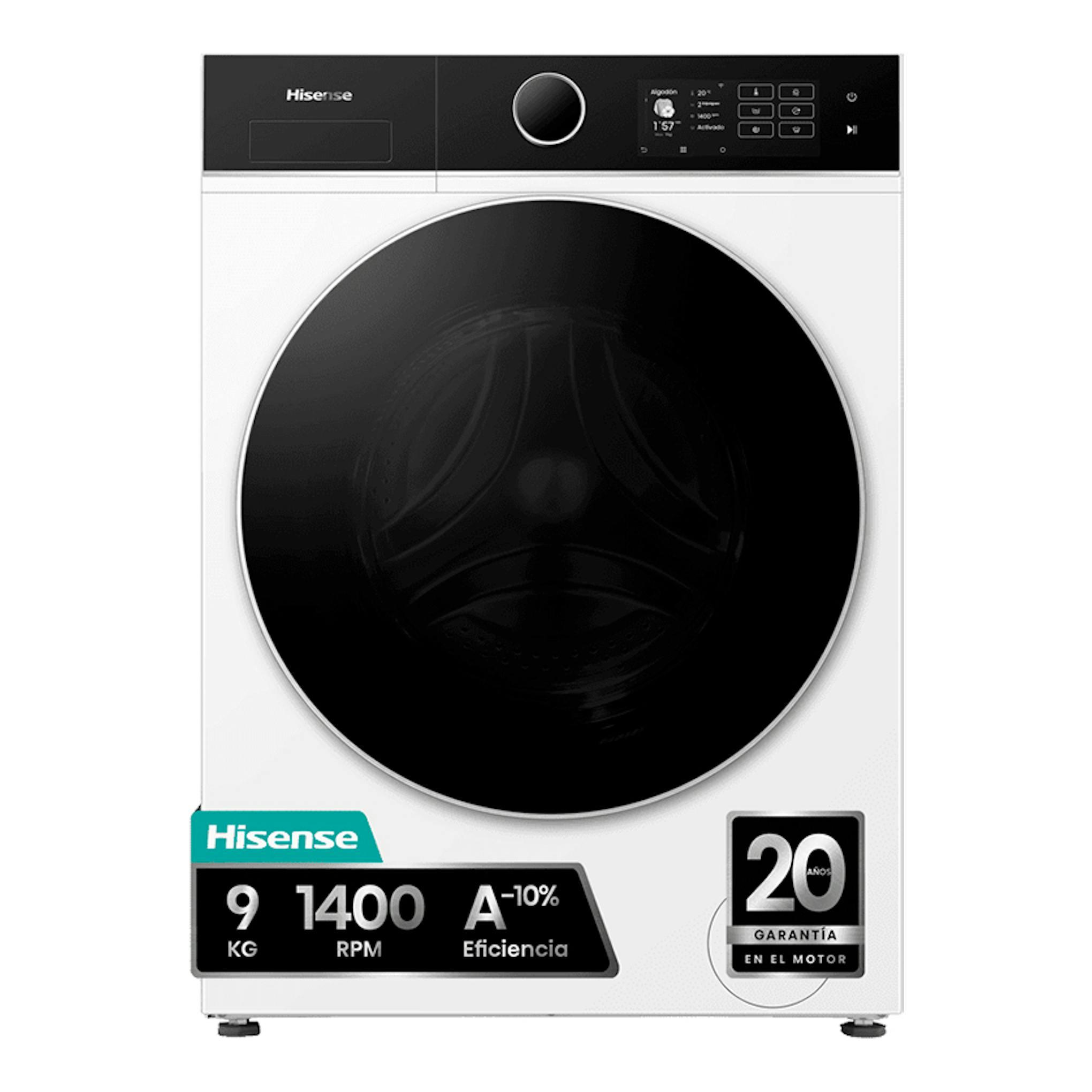 Lavadora Hisense 9 kg de carga frontal blanca, con puerta negra circular y panel superior negro.