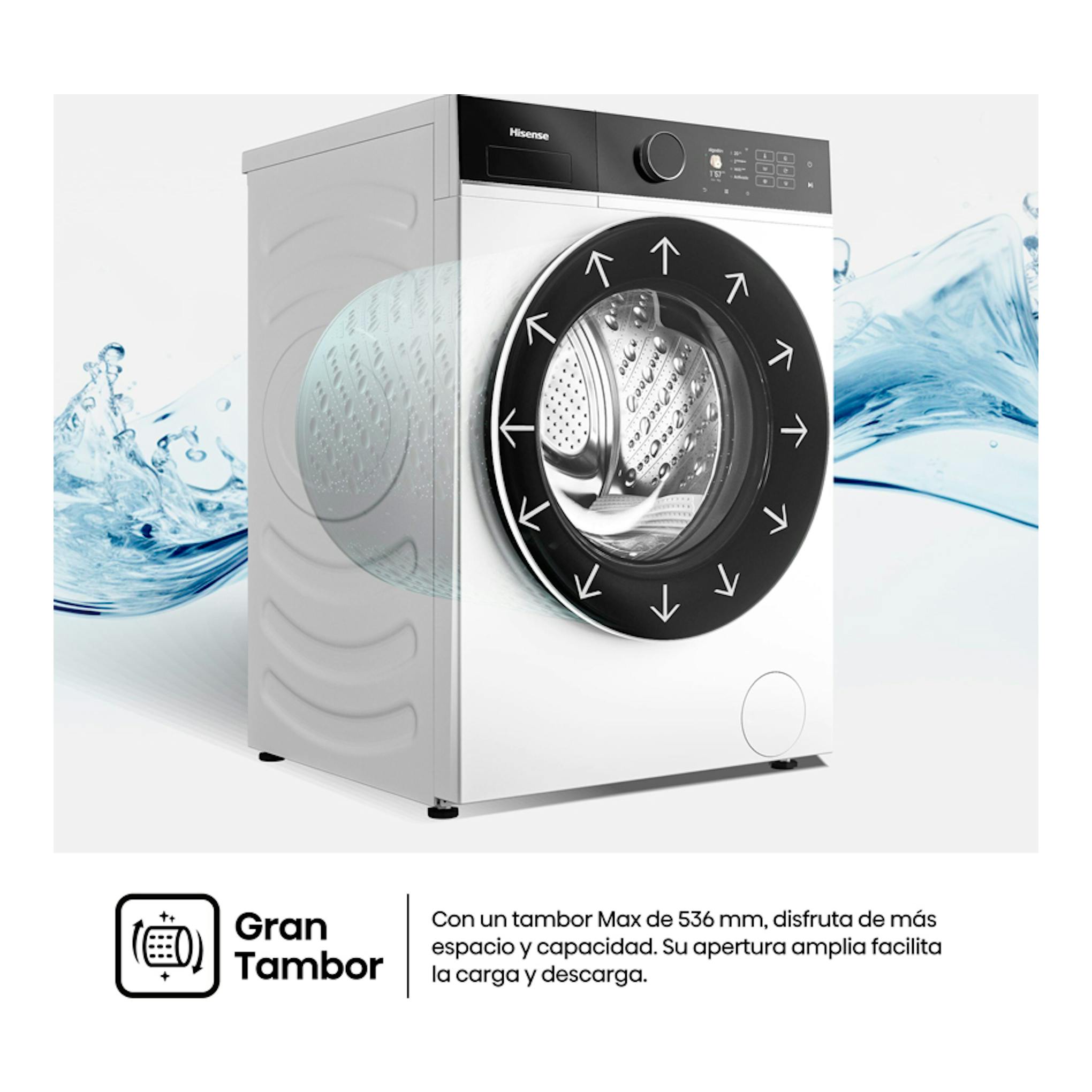 Lavadora Hisense WF5i9043BWFS blanca y negra, vista frontal en tres cuartos, con puerta circular negra.
