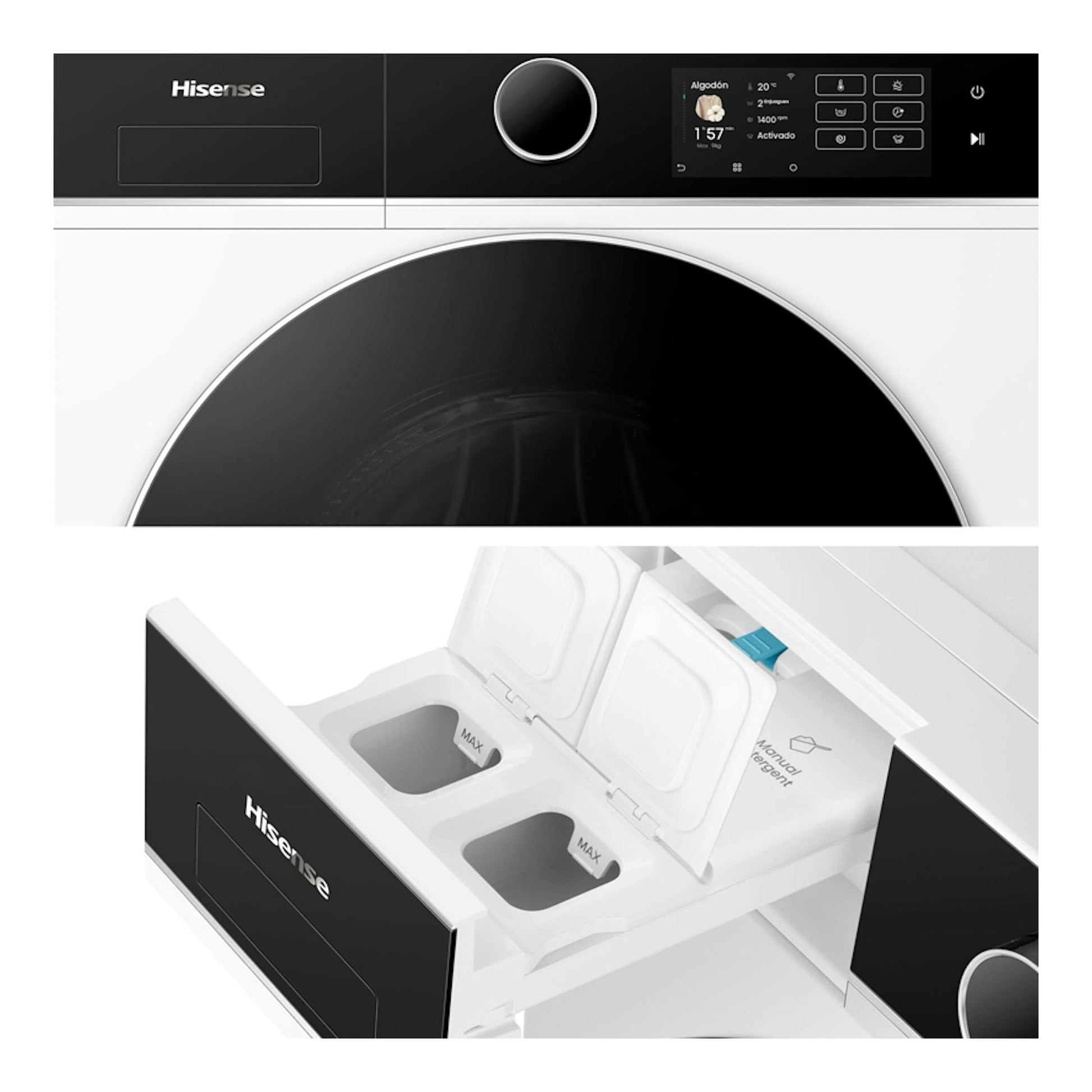 Lavadora Hisense WF5i9043BWFS blanca y negra, vista frontal con puerta negra, panel digital y cajón detergente abierto.