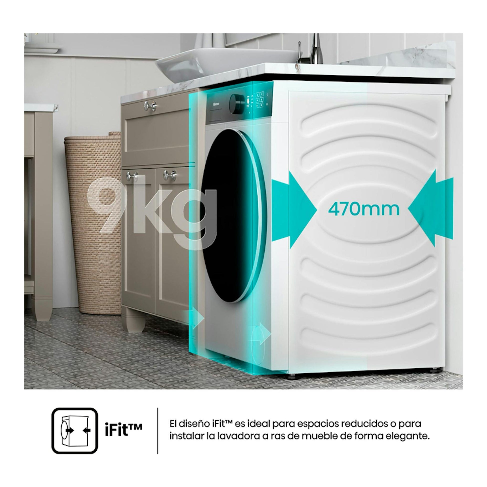 Lavadora Hisense WF5i9043BWFS blanca, vista frontal en cocina, con medida de 470 mm.