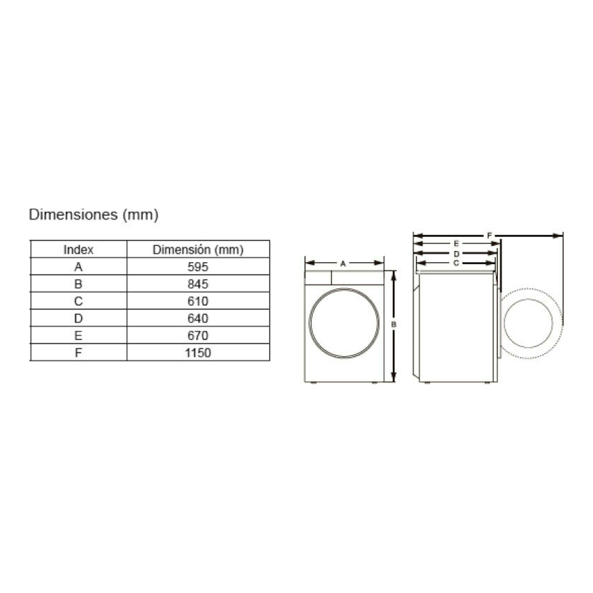 Hisense WF7S1247BW: esquema técnico de lavadora blanca con tabla de dimensiones y vistas frontal y lateral.