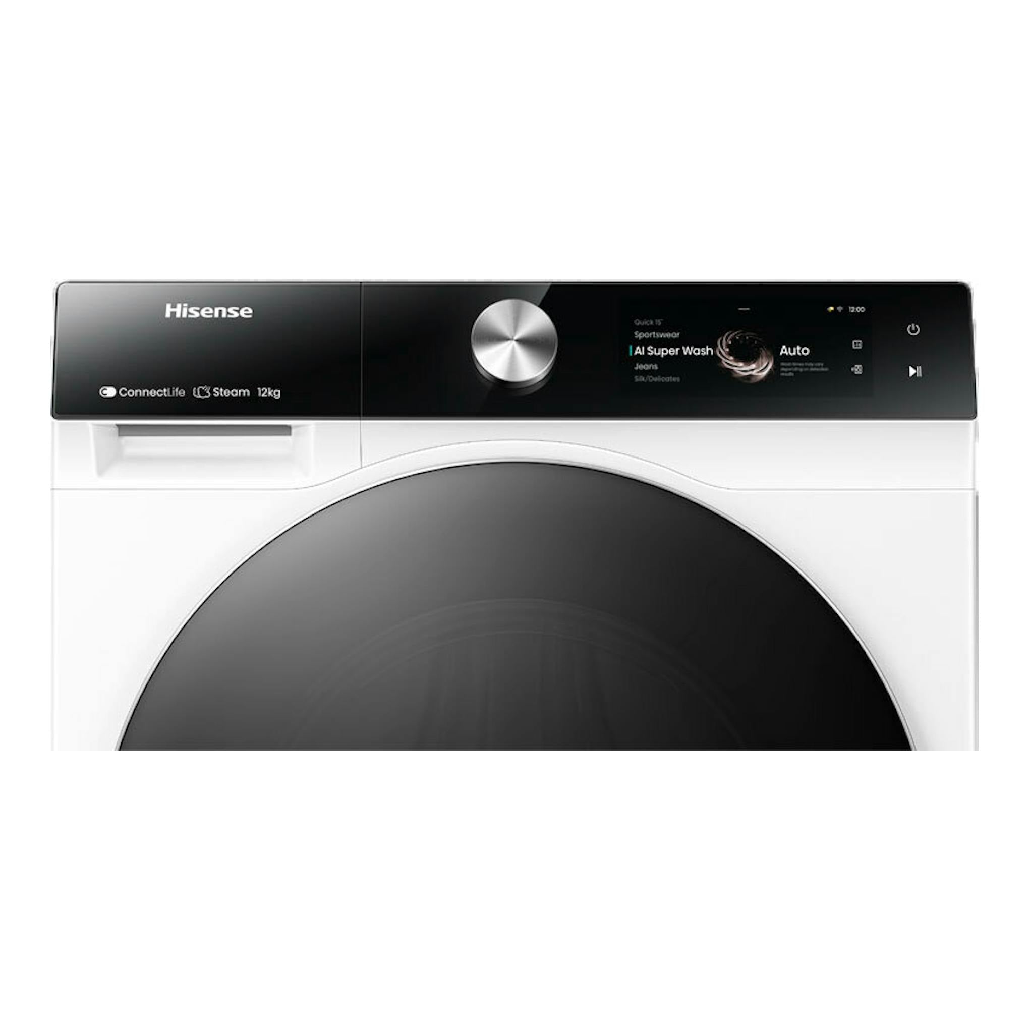 Lavadora Hisense WF7S1247BW blanca, vista frontal, con panel superior negro y puerta circular oscura.