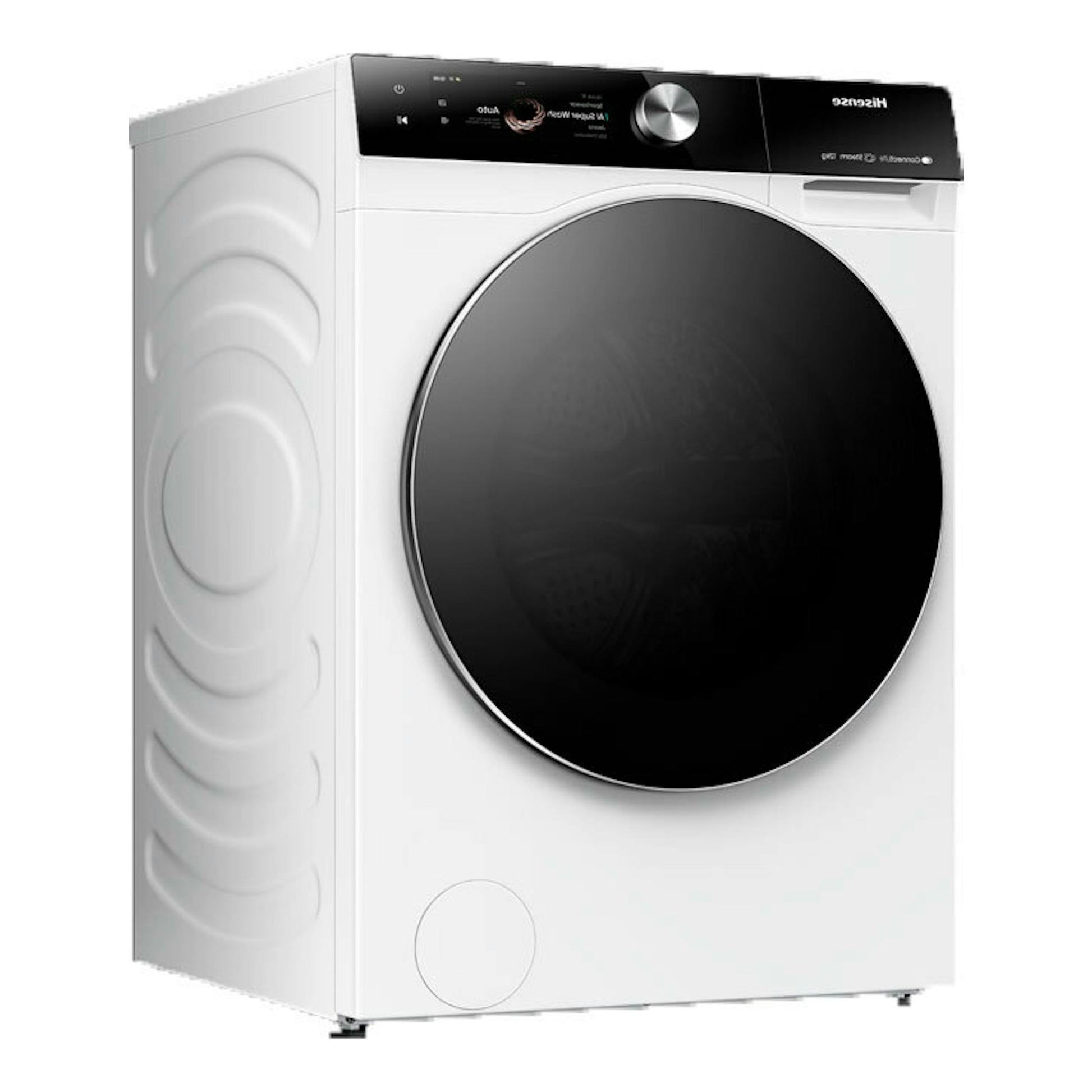 Lavadora Hisense WF7S1247BW blanca, vista frontal, con puerta redonda negra y panel superior negro.