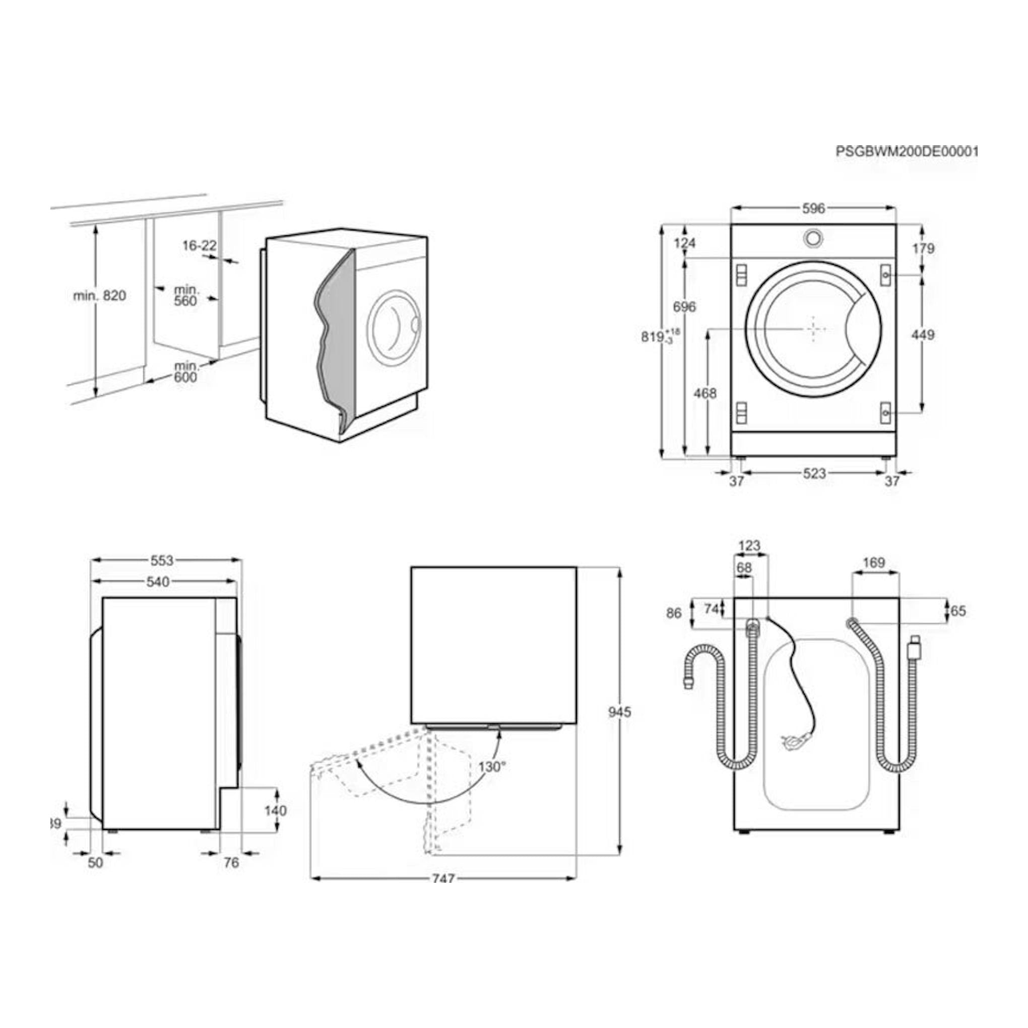 AEG LFN7G8434F: esquema técnico en blanco y negro de lavadora integrable con vistas frontal, lateral y superior y medidas.