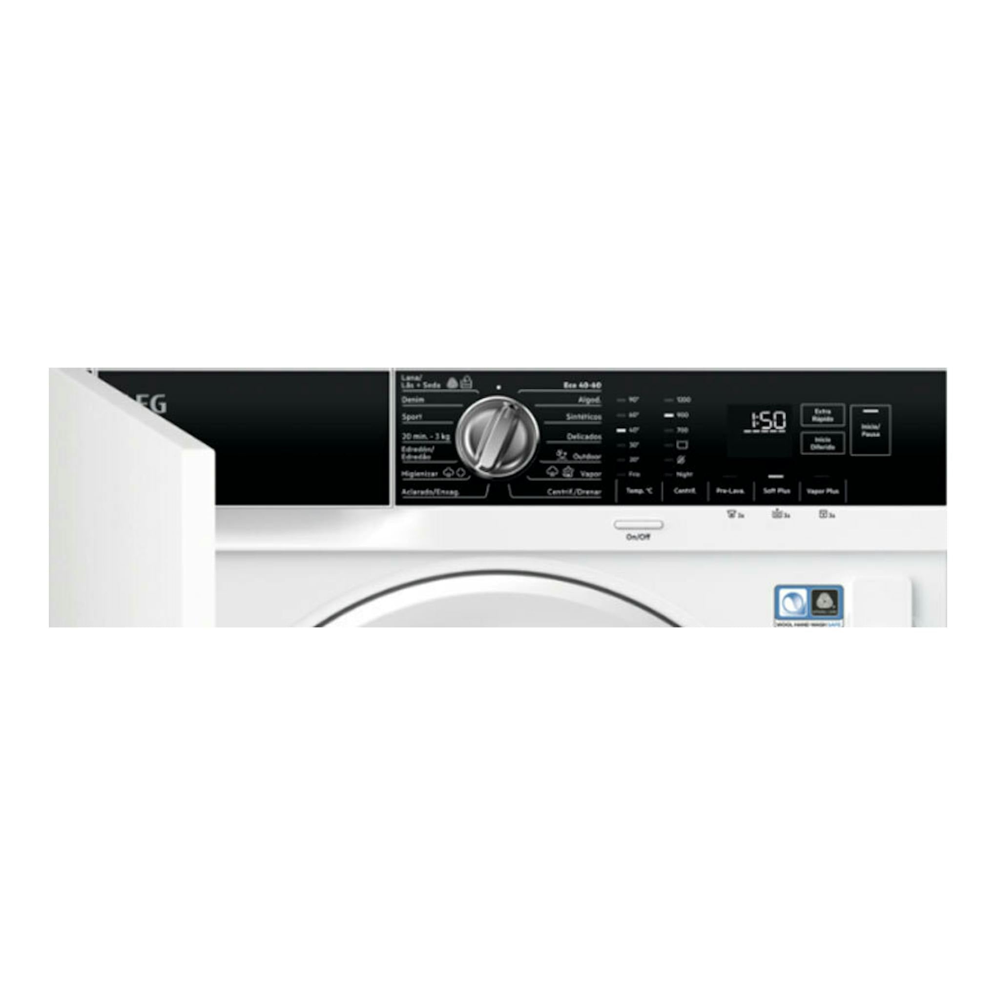 Lavadora integrable AEG LFN7G8434F, vista frontal parcial con panel negro y carcasa blanca.