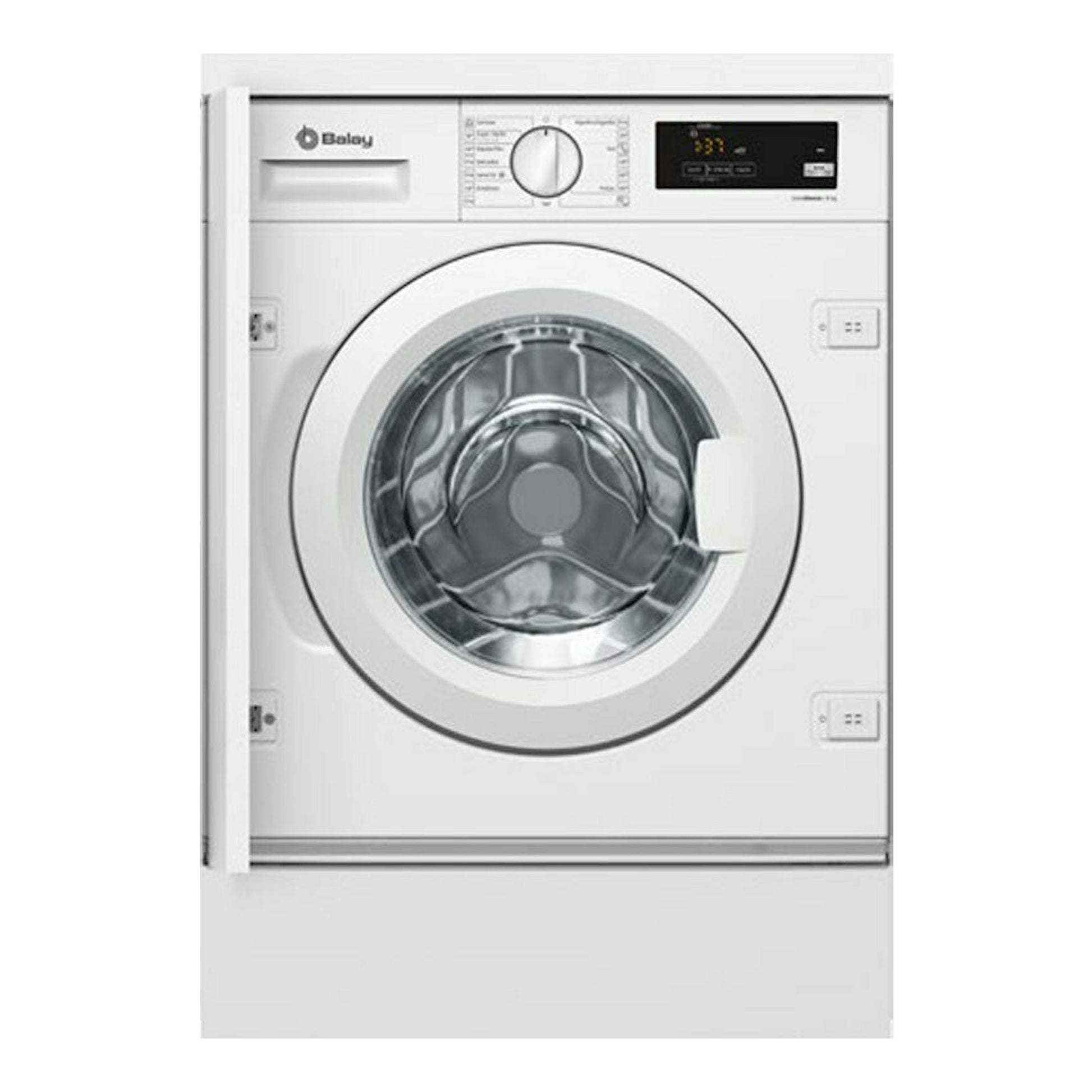 Lavadora integrable Balay 3TI987B blanca, vista frontal, con puerta circular y panel de control superior.
