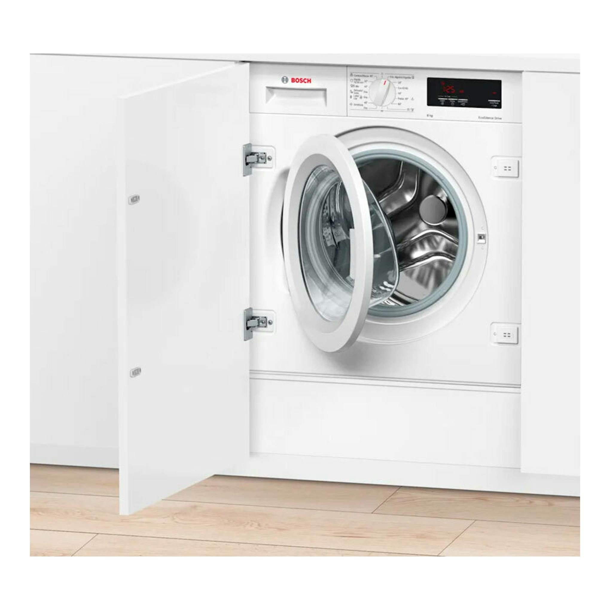 Lavadora integrable Bosch WIW24307ES blanca, vista frontal, con puerta abierta y panel digital.