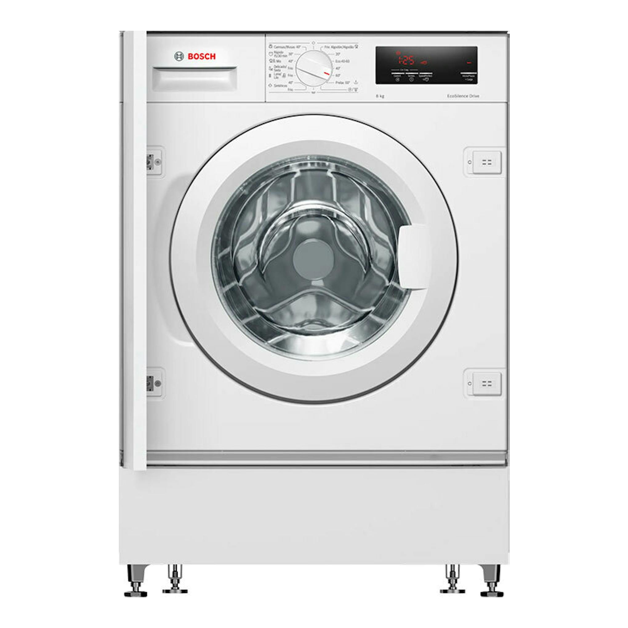 Lavadora integrable Bosch WIW28302ES blanca, vista frontal con puerta circular y panel digital superior.