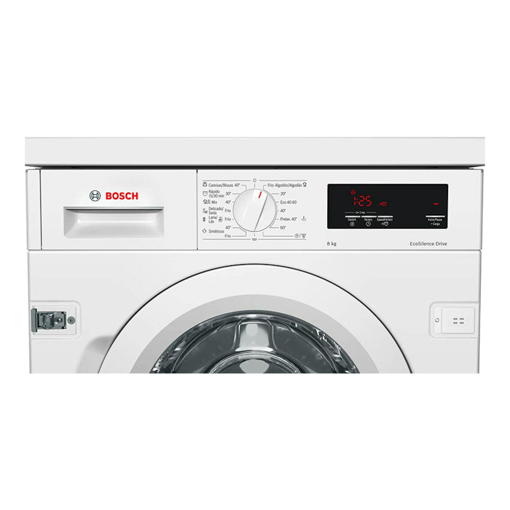 Lavadora integrable Bosch WIW28302ES blanca, vista frontal con panel digital y selector central.