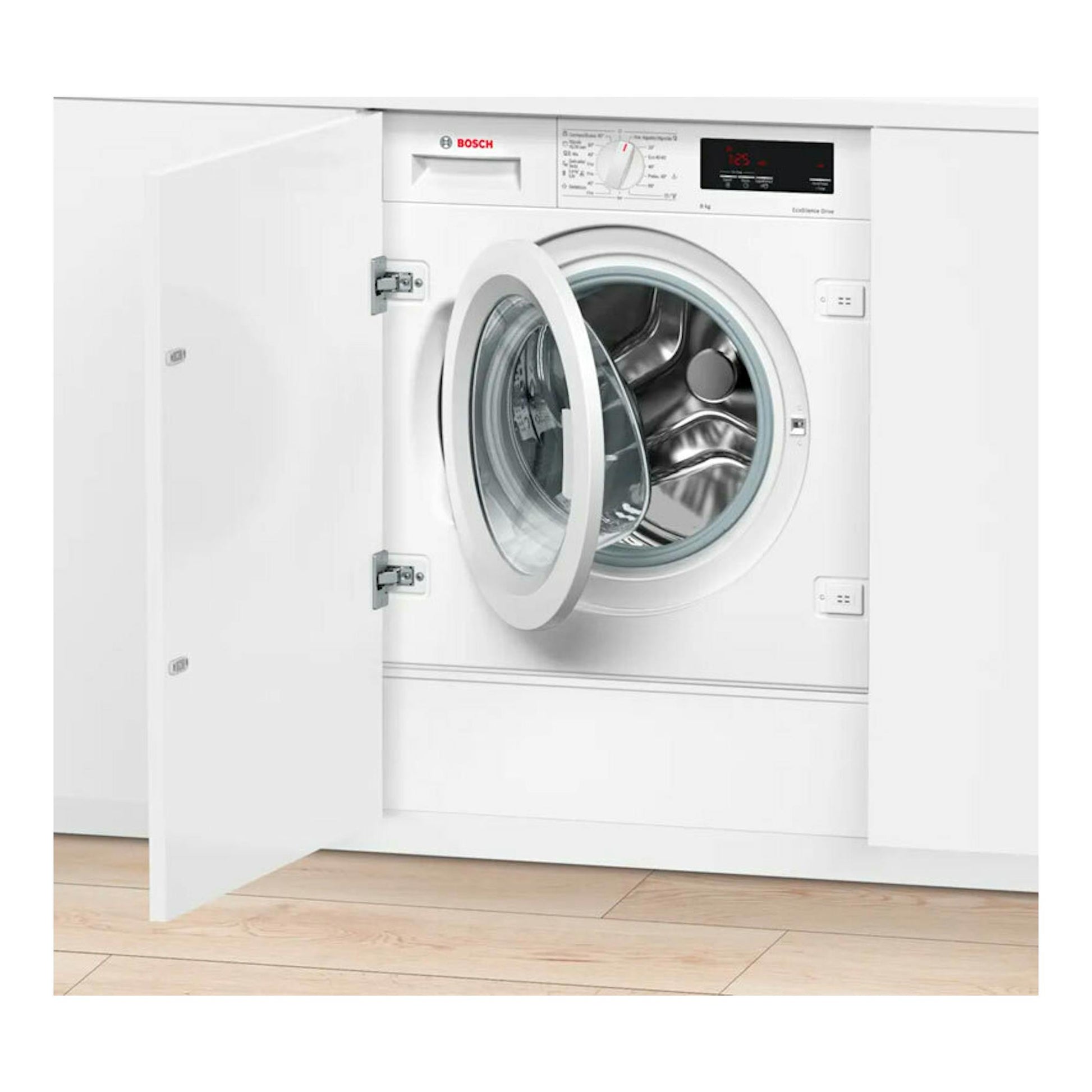 Lavadora integrable Bosch WIW28302ES blanca, vista frontal con la puerta abierta.
