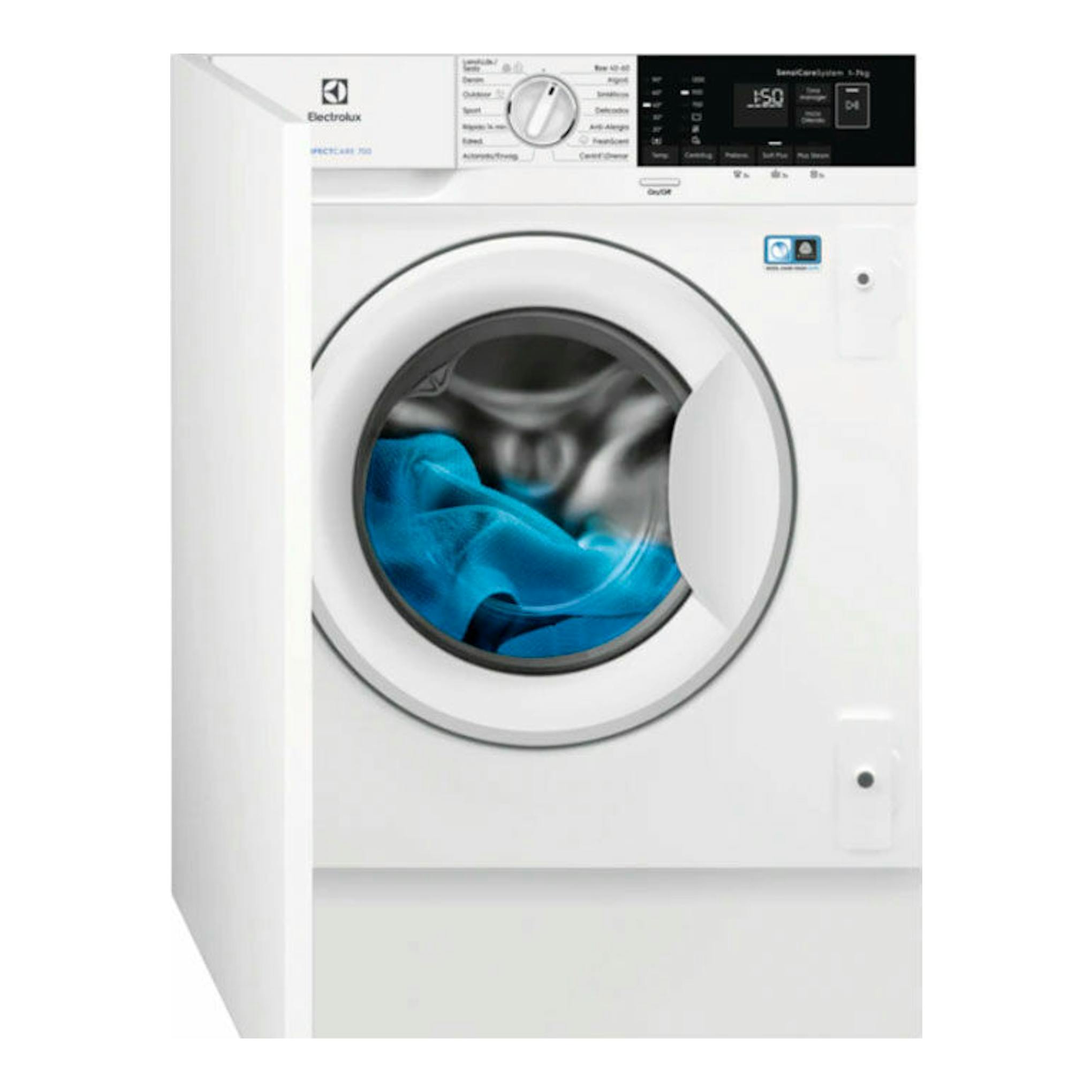 Lavadora integrable Electrolux EN7F4722AN blanca, vista frontal, con puerta redonda y ropa azul visible.