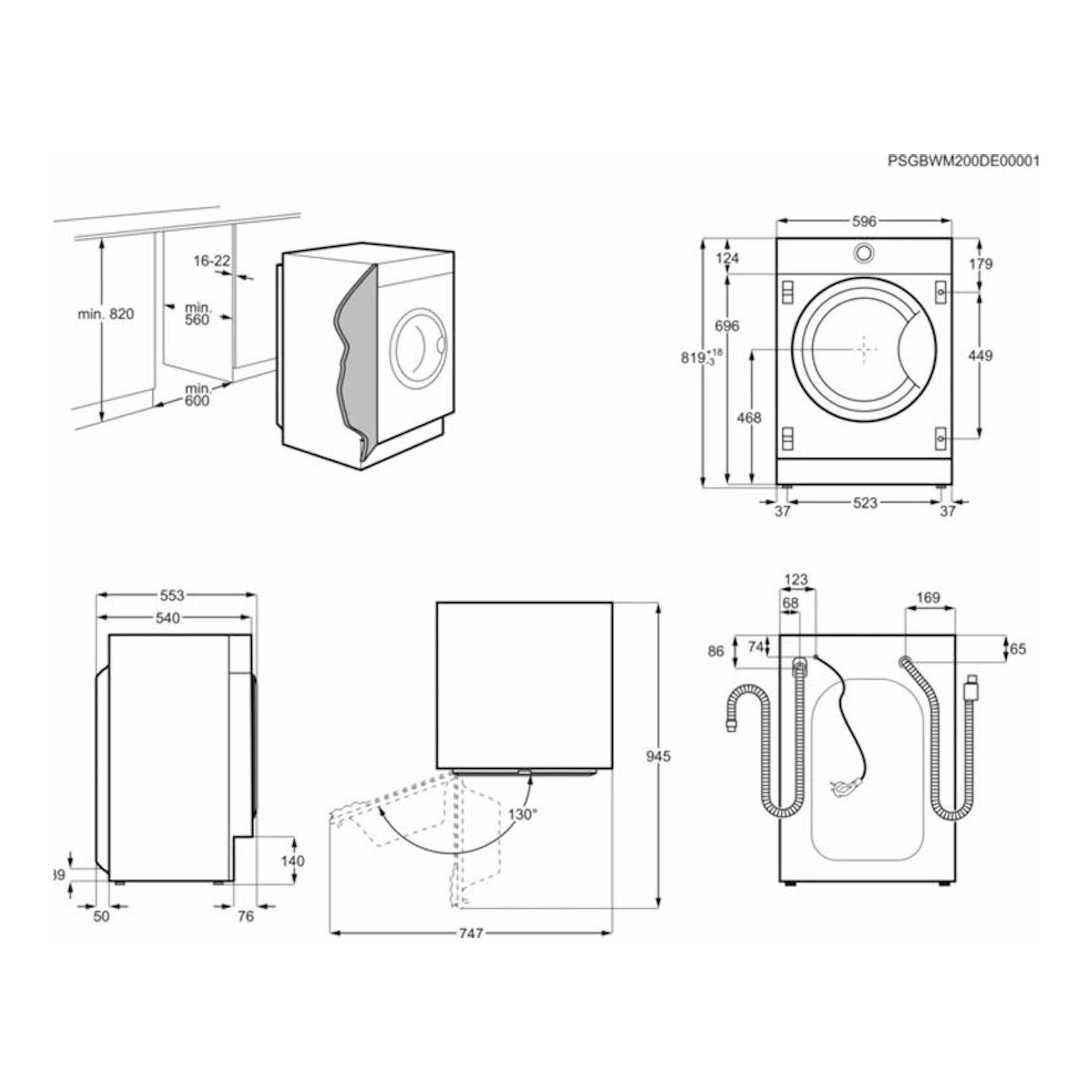 Esquema técnico de lavadora integrable Electrolux EN7F4722AN, vistas frontal y lateral con medidas.