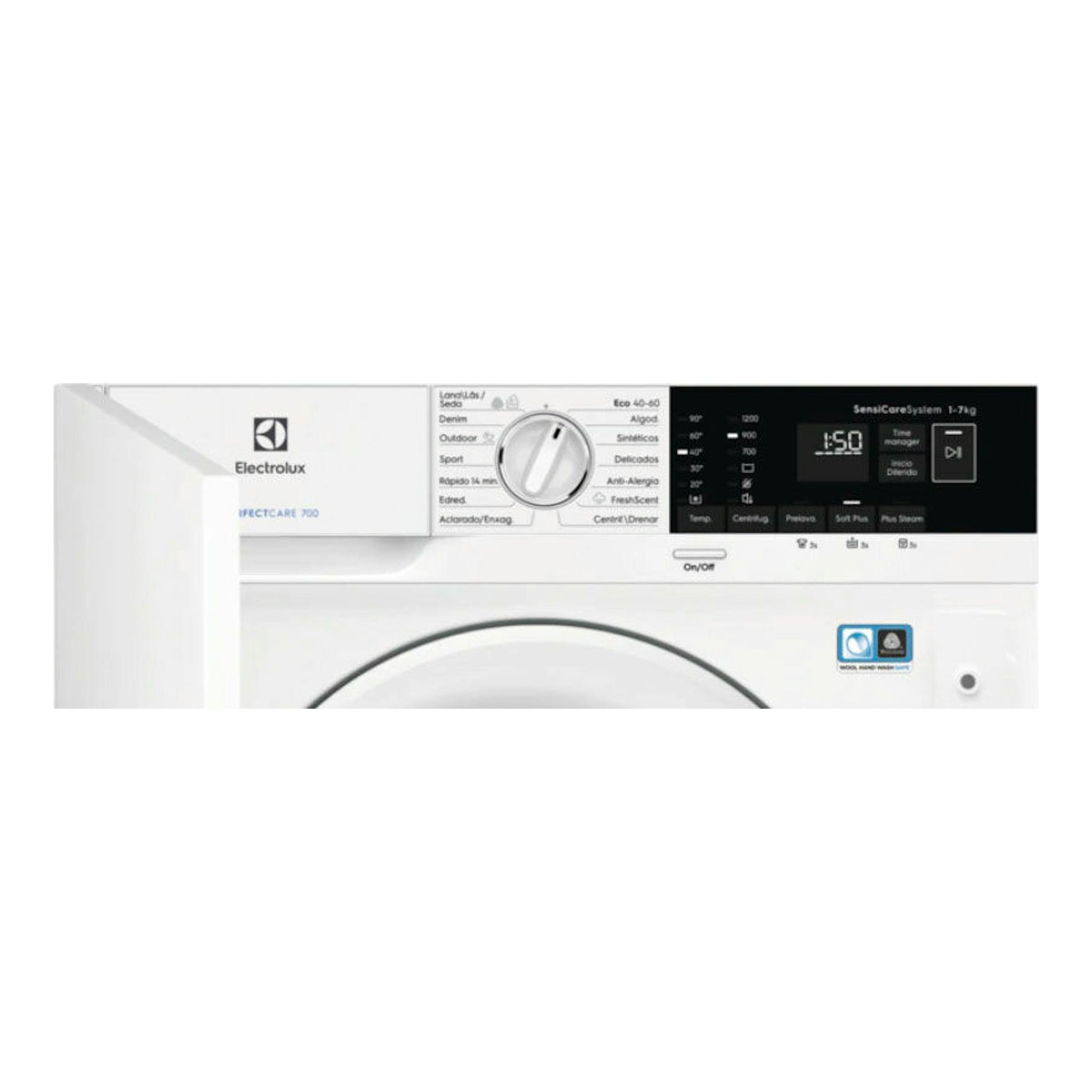 Lavadora integrable Electrolux EN7F4722AN blanca, vista frontal con panel de control y puerta.